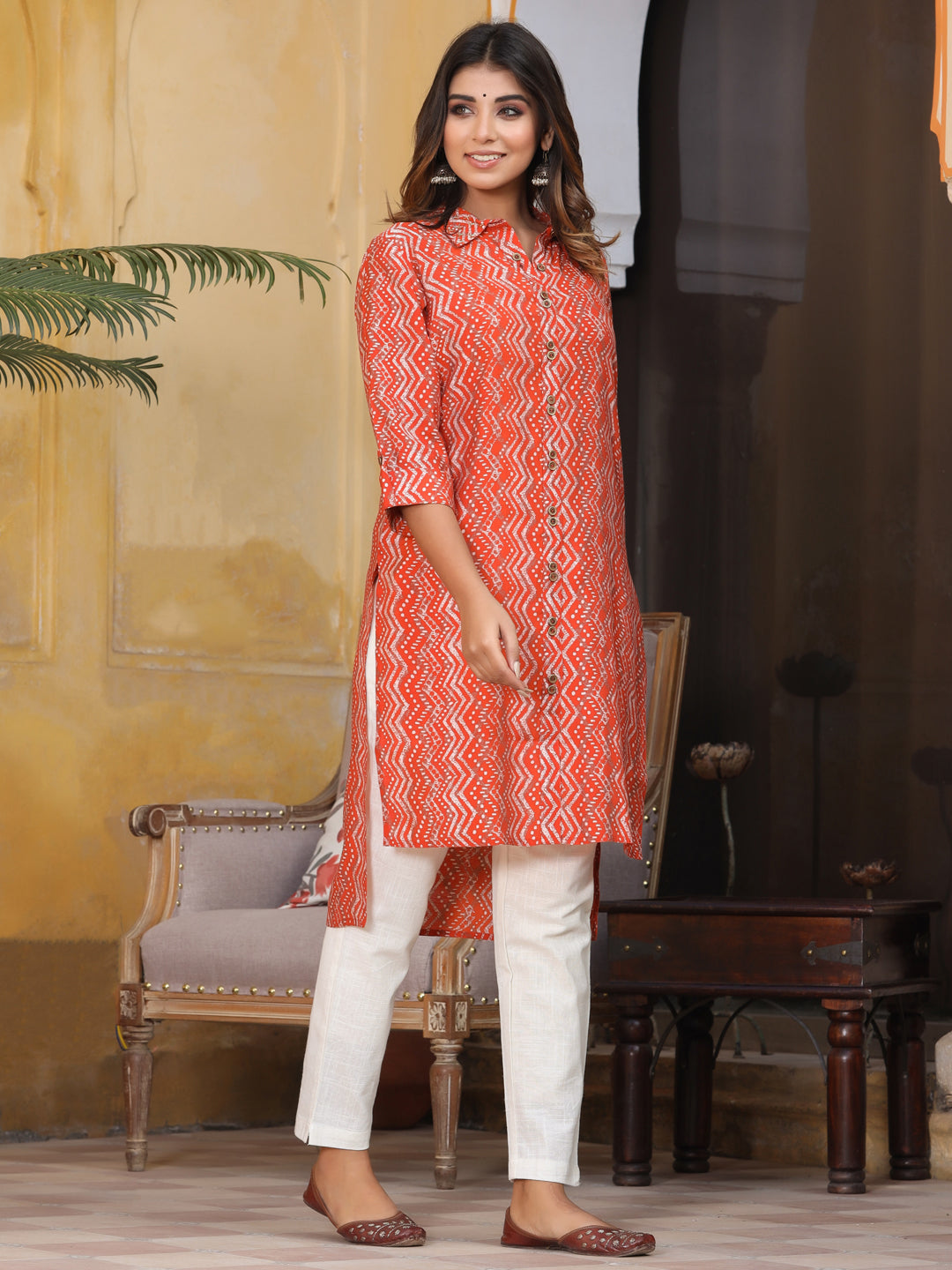 Orange Chanderi Silk Printed Kurta