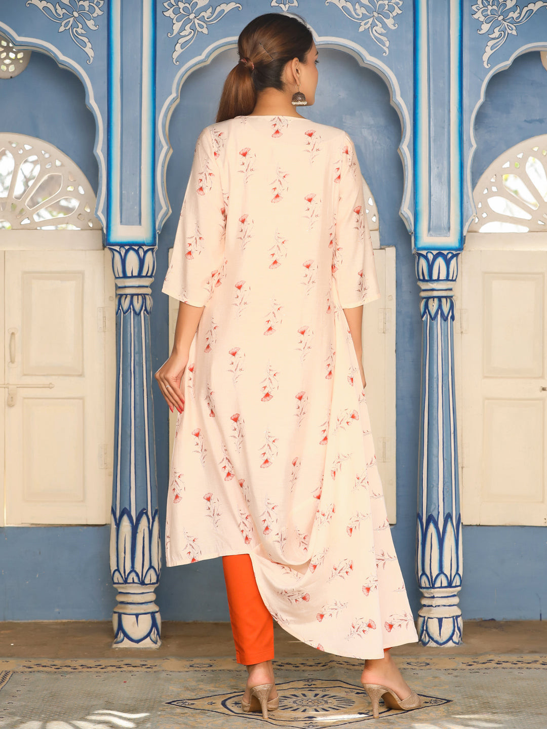 Mustard Chanderi Printed Side Draped Kurta