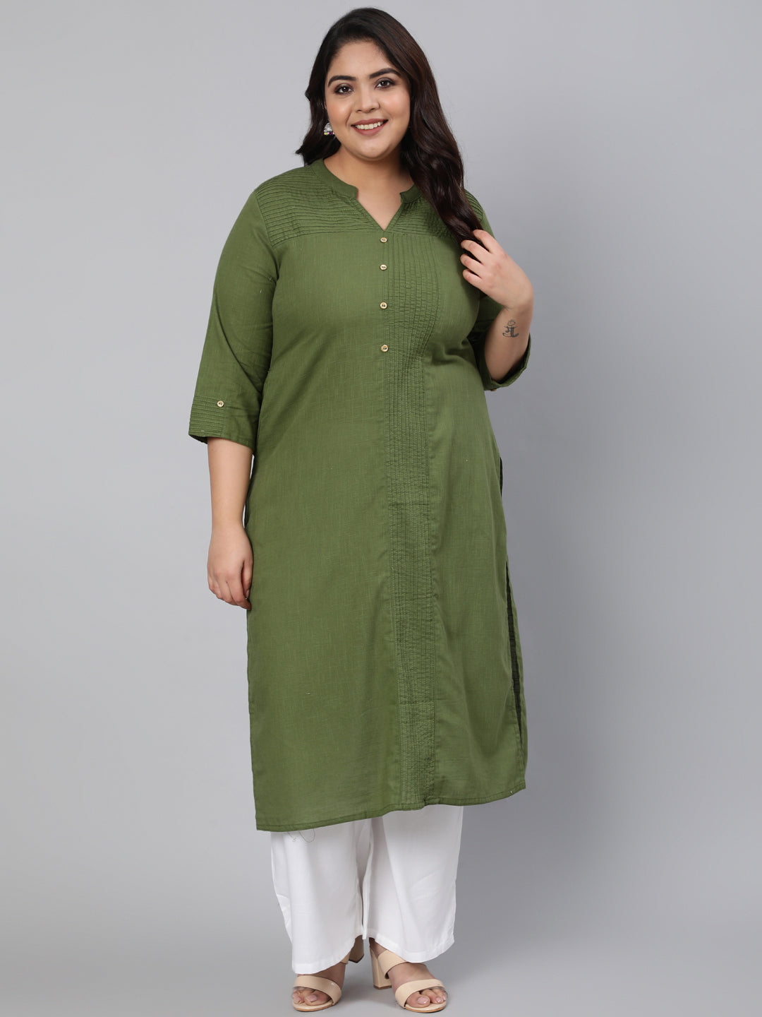Olive Green Pin Tucks Solid Straight Kurta