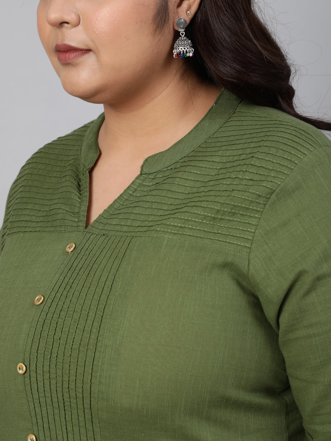 Olive Green Pin Tucks Solid Straight Kurta