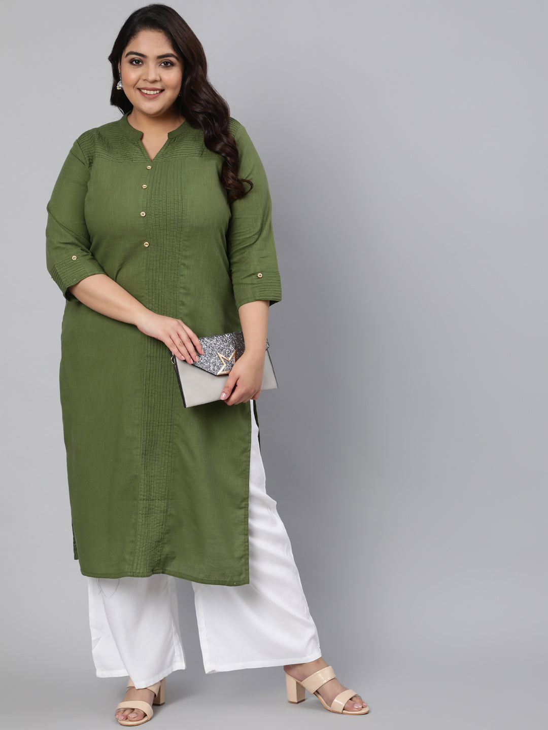 Olive Green Pin Tucks Solid Straight Kurta