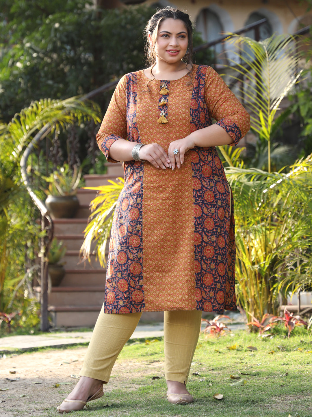 Rust ethnic printed kurta with tassel
