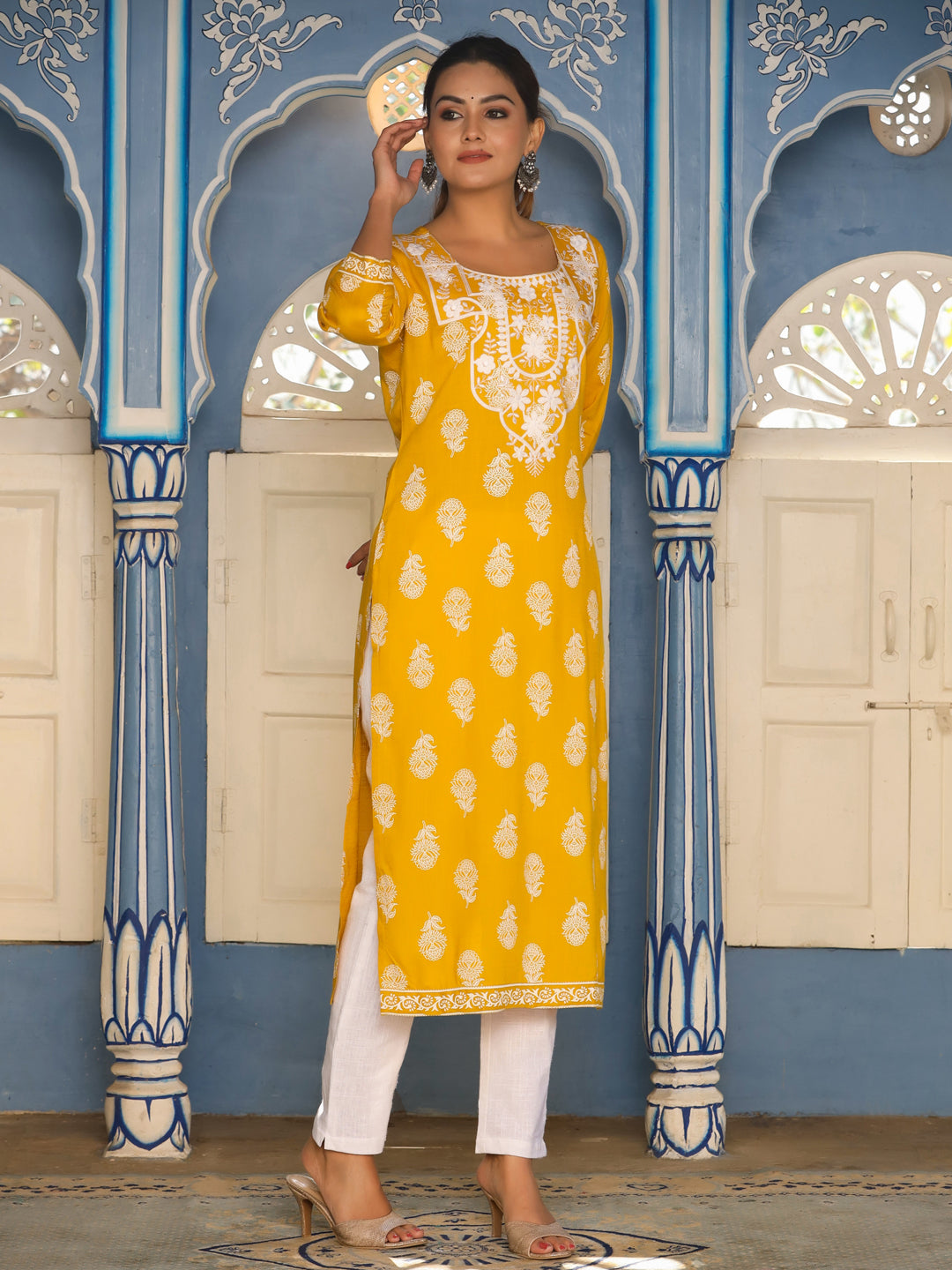 Mustard Heavy Embroidered Khadi Print Straight Kurta