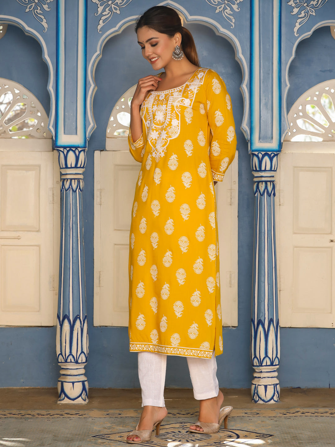 Mustard Heavy Embroidered Khadi Print Straight Kurta