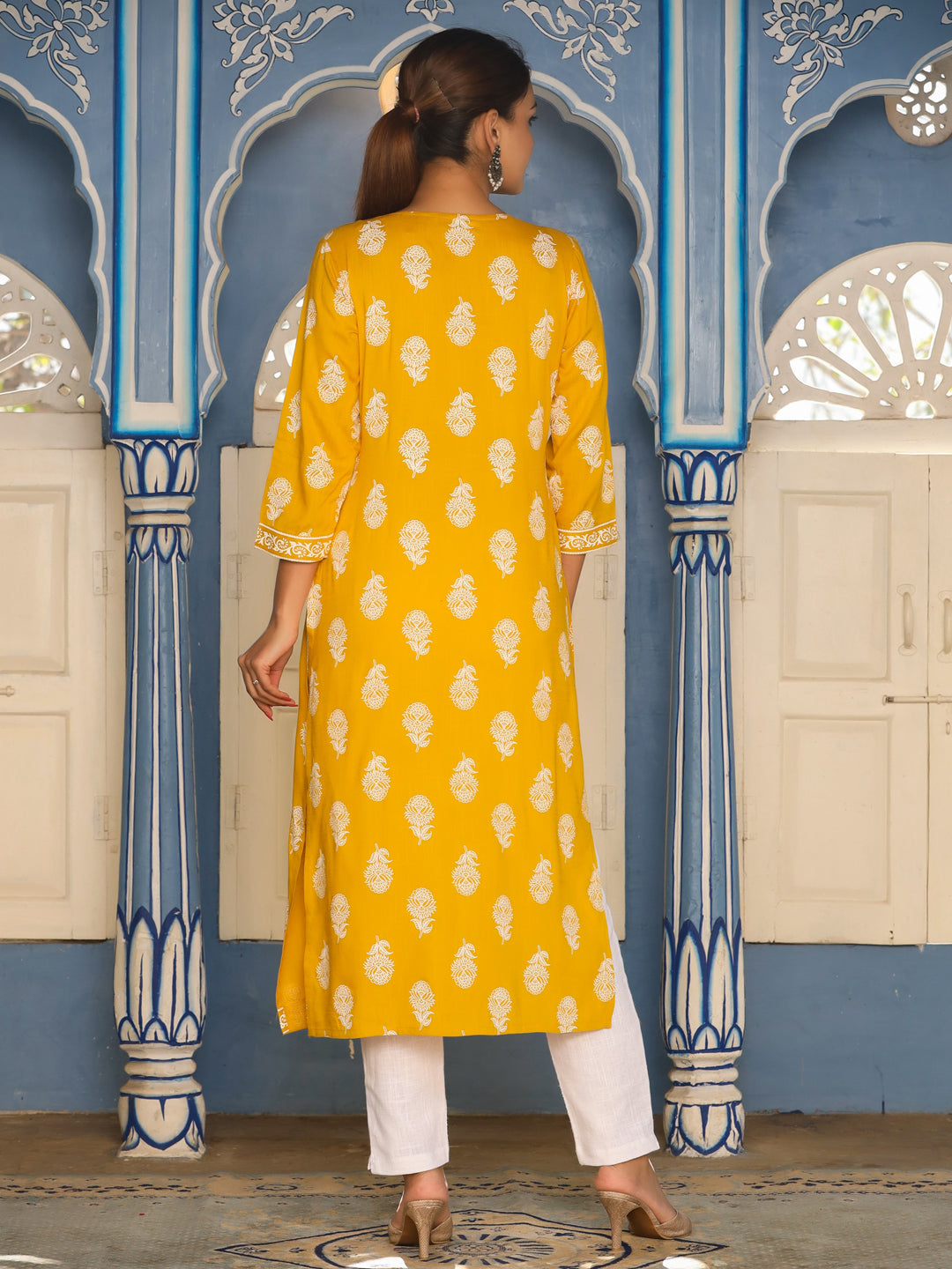 Mustard Heavy Embroidered Khadi Print Straight Kurta