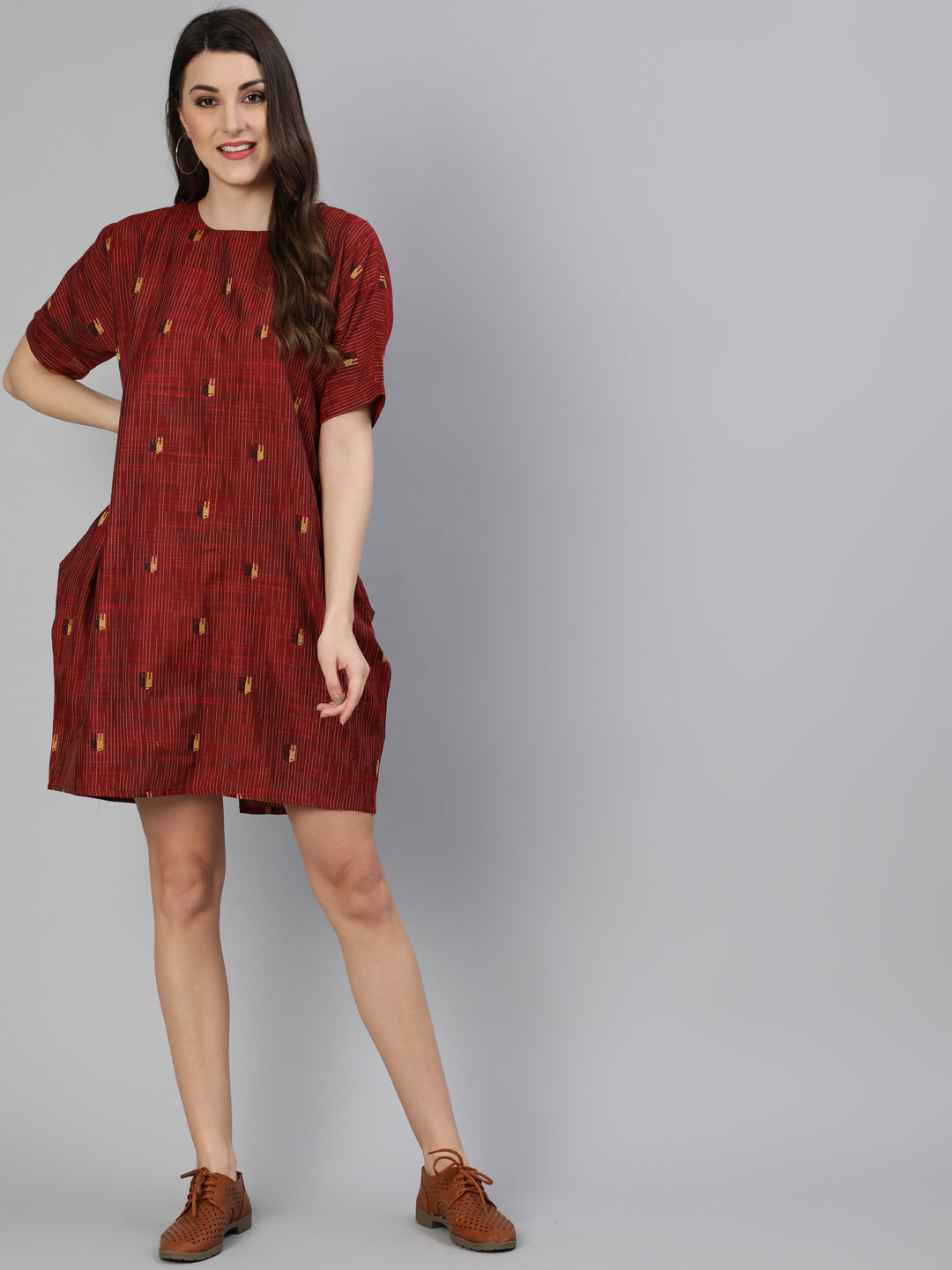 Maroon Yarn Dyed Self Weave Asymetrical Dress