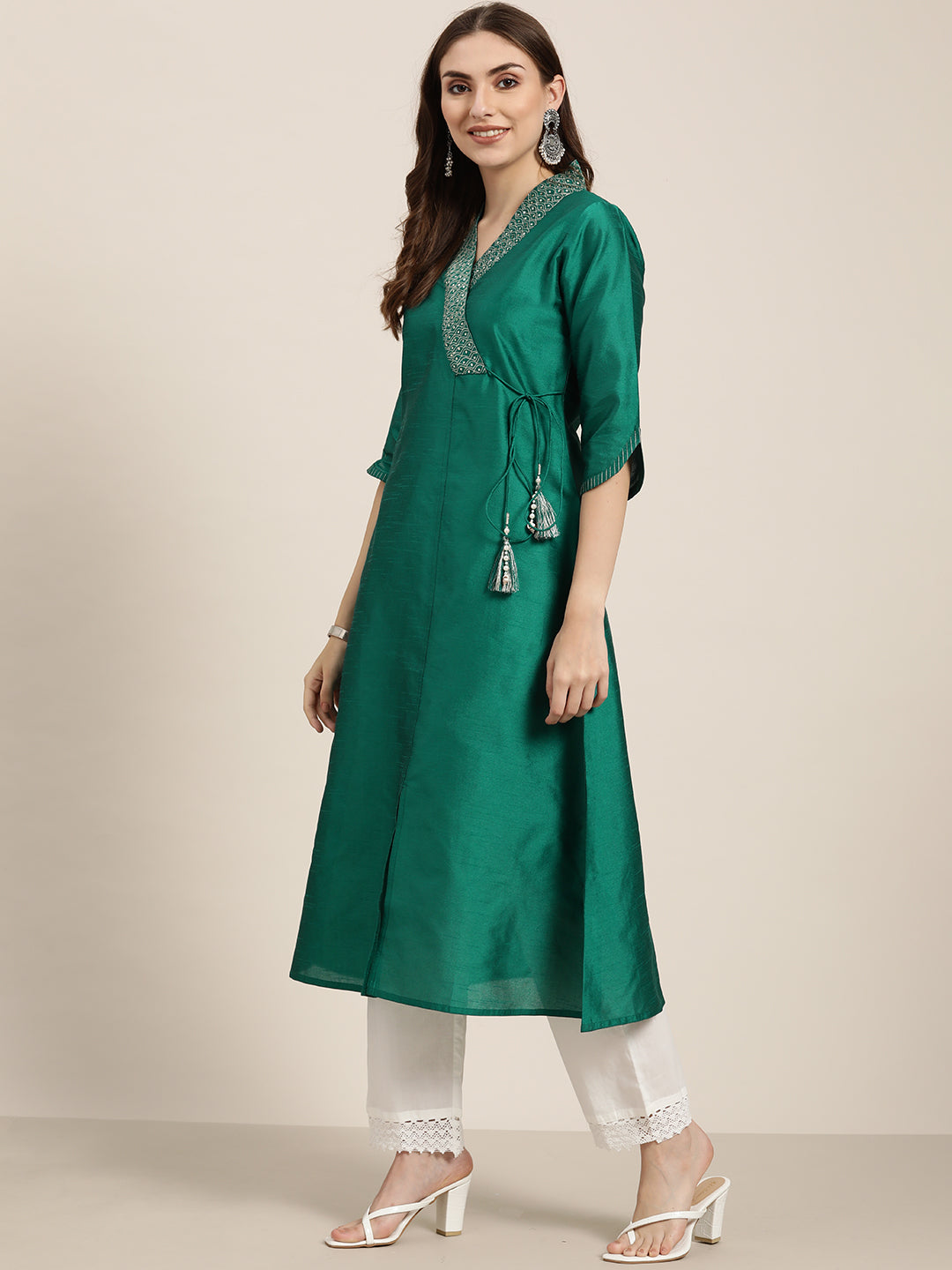 Green Silk Blend Angrakha Style A-Line Embroidered Kurta