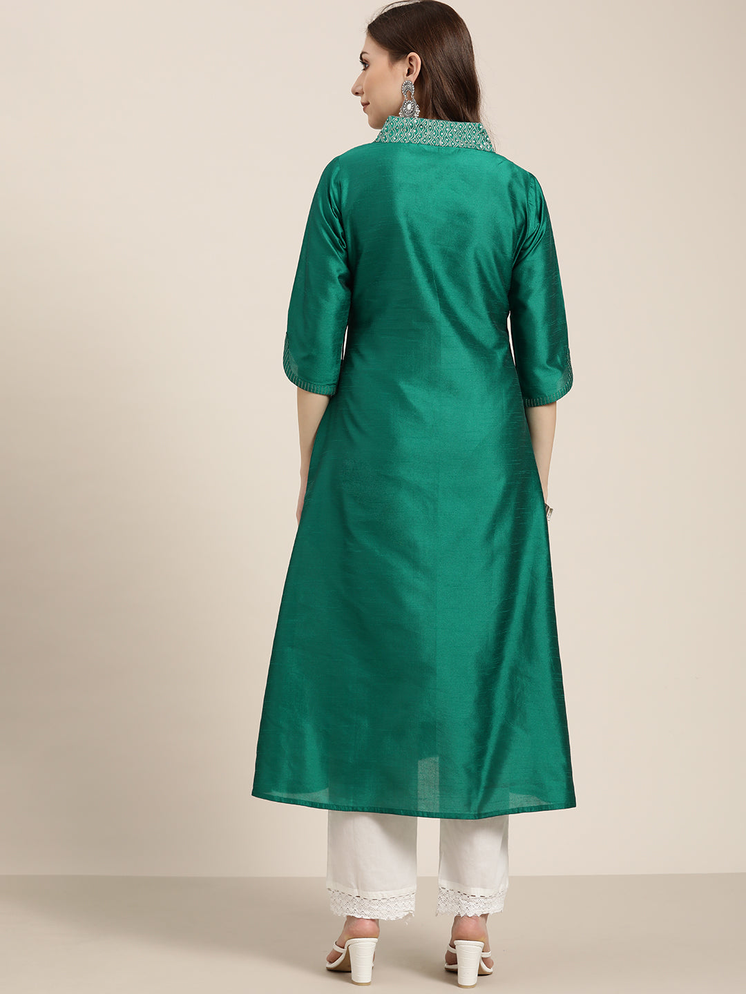 Green Silk Blend Angrakha Style A-Line Embroidered Kurta
