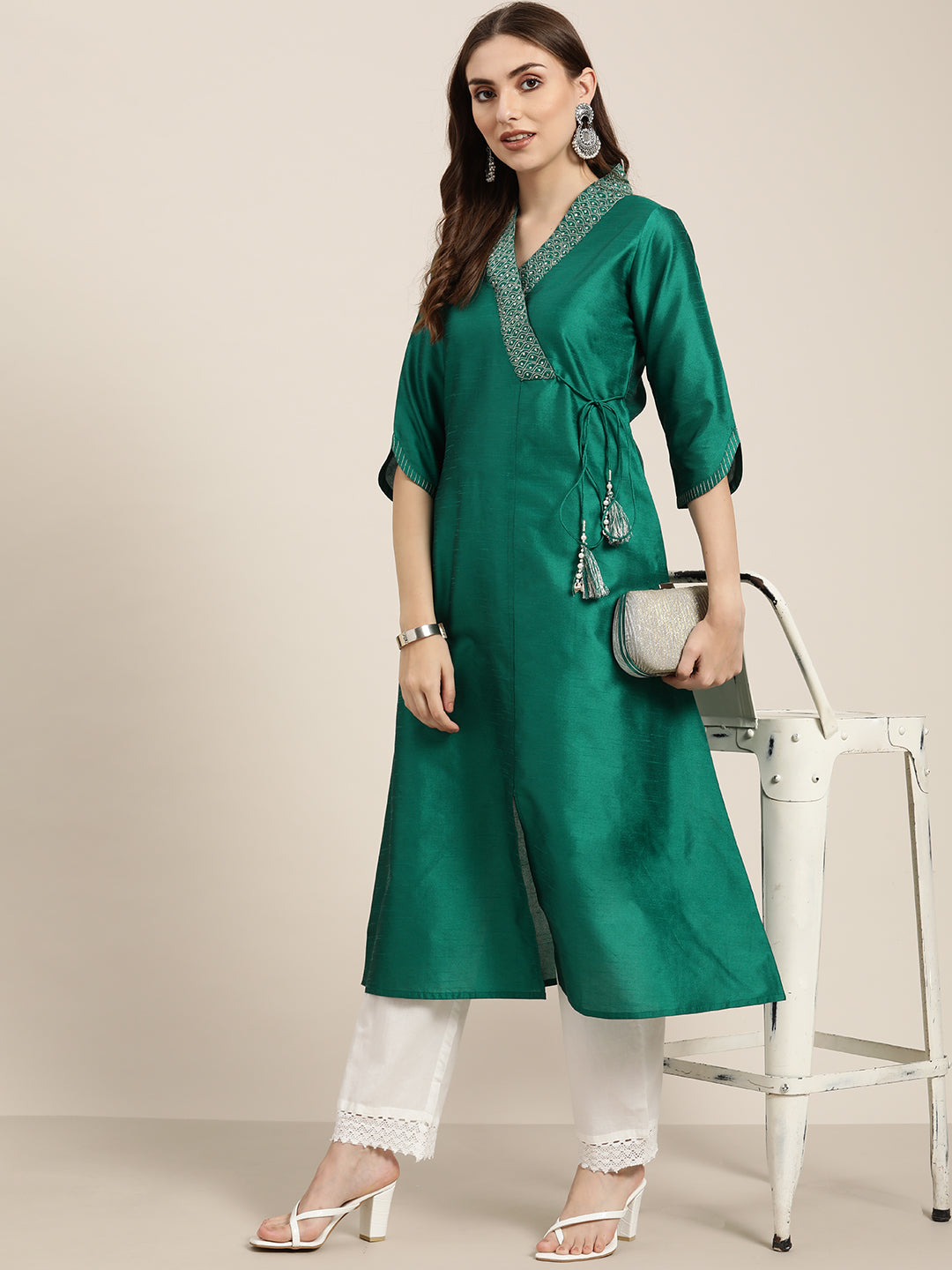 Green Silk Blend Angrakha Style A-Line Embroidered Kurta