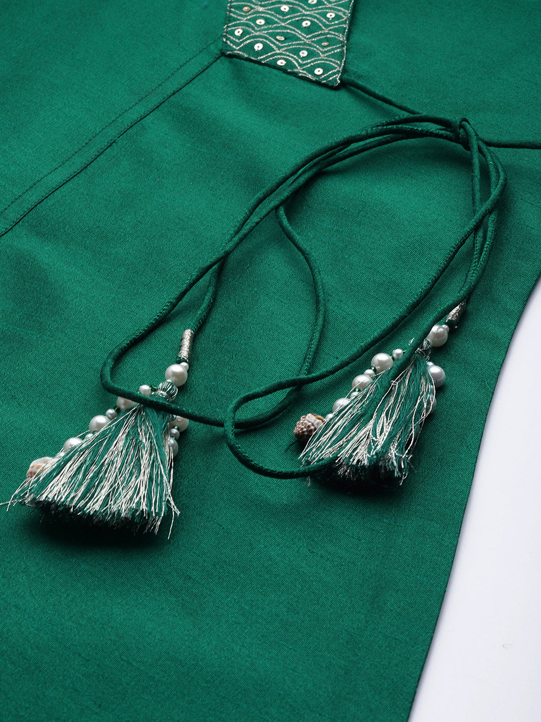 Green Silk Blend Angrakha Style A-Line Embroidered Kurta