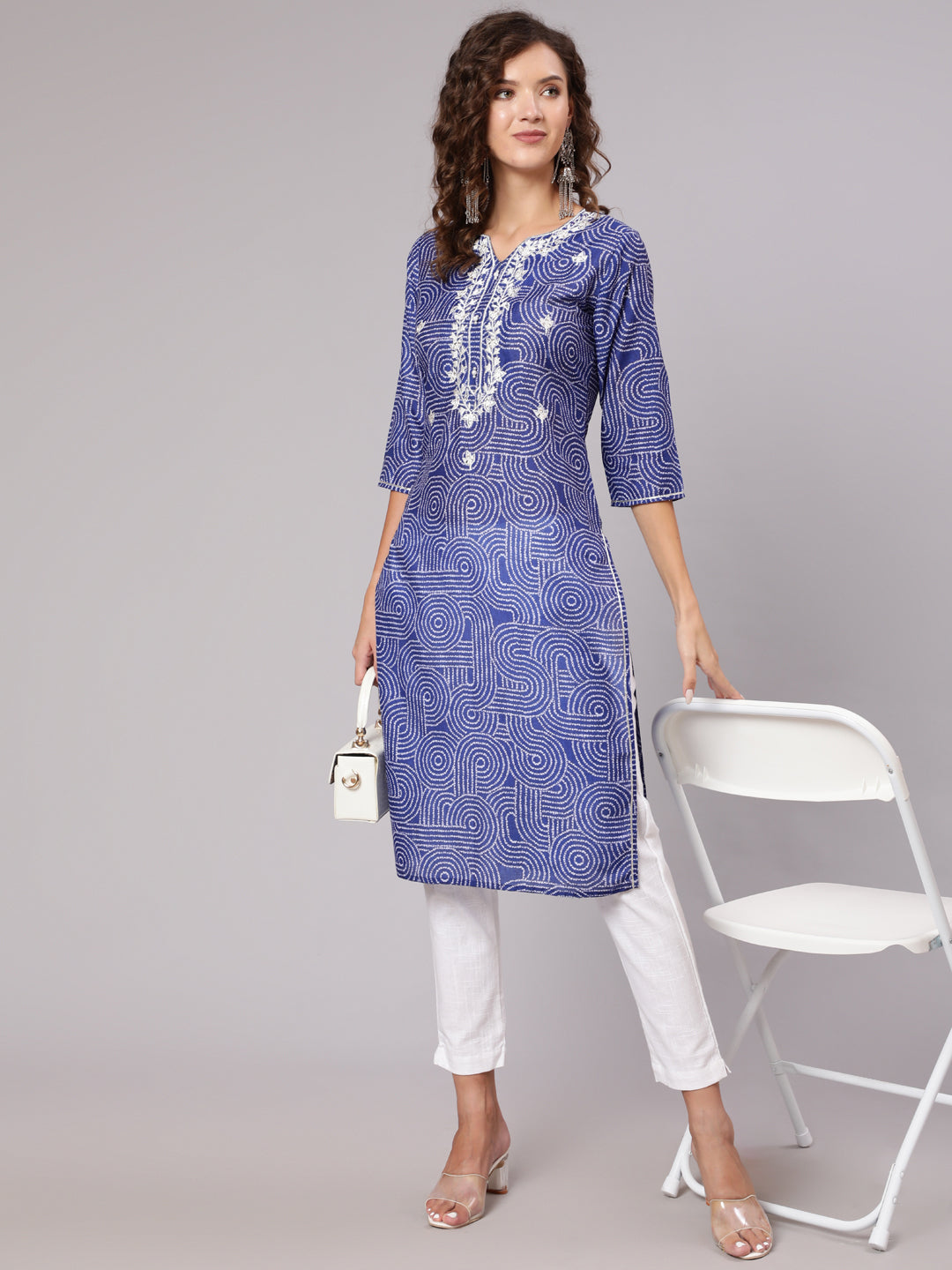 Blue Mirror Work Embroidered Muslin Straight Kurta With White Cotton Straight Fit Tousers