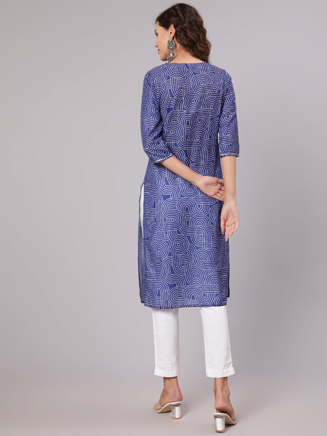 Blue Mirror Work Embroidered Muslin Straight Kurta With White Cotton Straight Fit Tousers