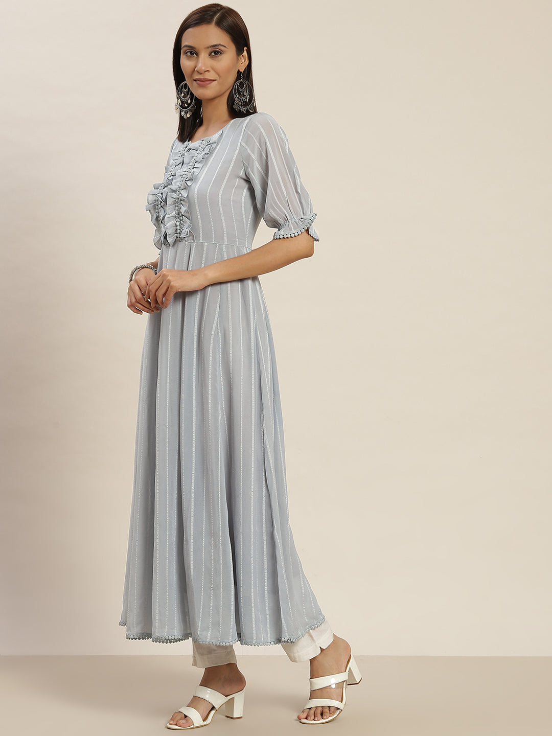 A Grey Color Striped Georgette Flared Dress With Front Gathers And Laced Up