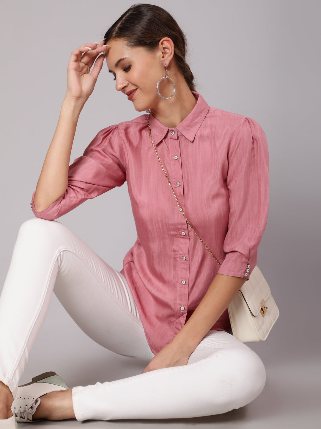 A Pink Color Silk Blend Solid Shirt With Puffed Sleeves And Front Opening