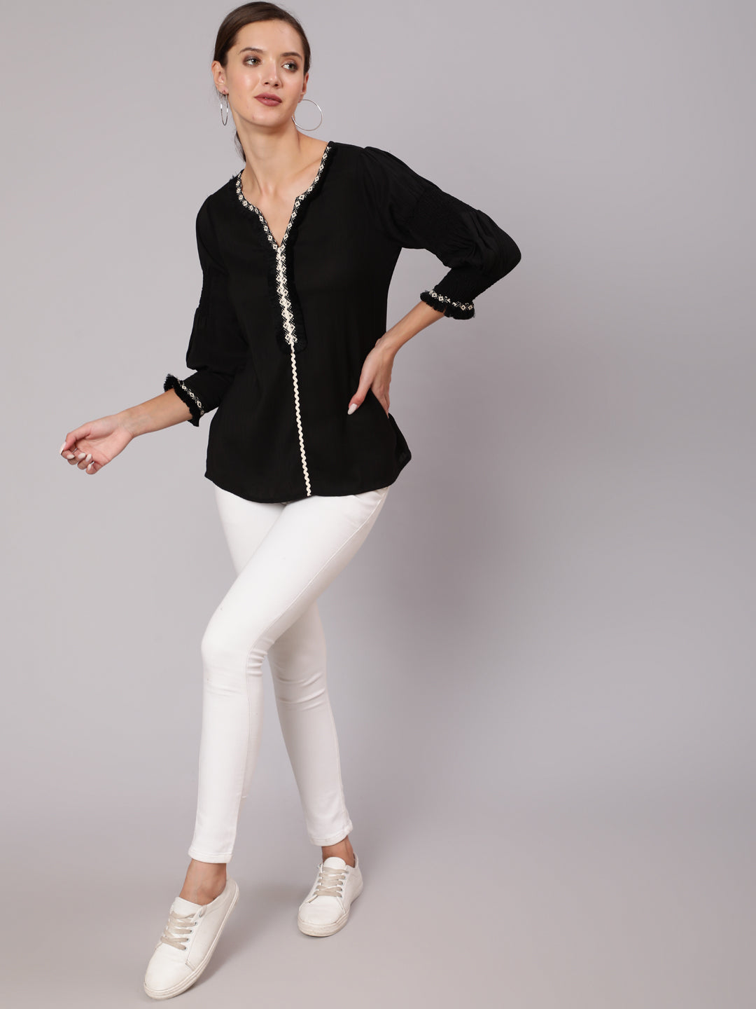 A Black Poly Silk Lace Embellished Top With Smocked Sleeves