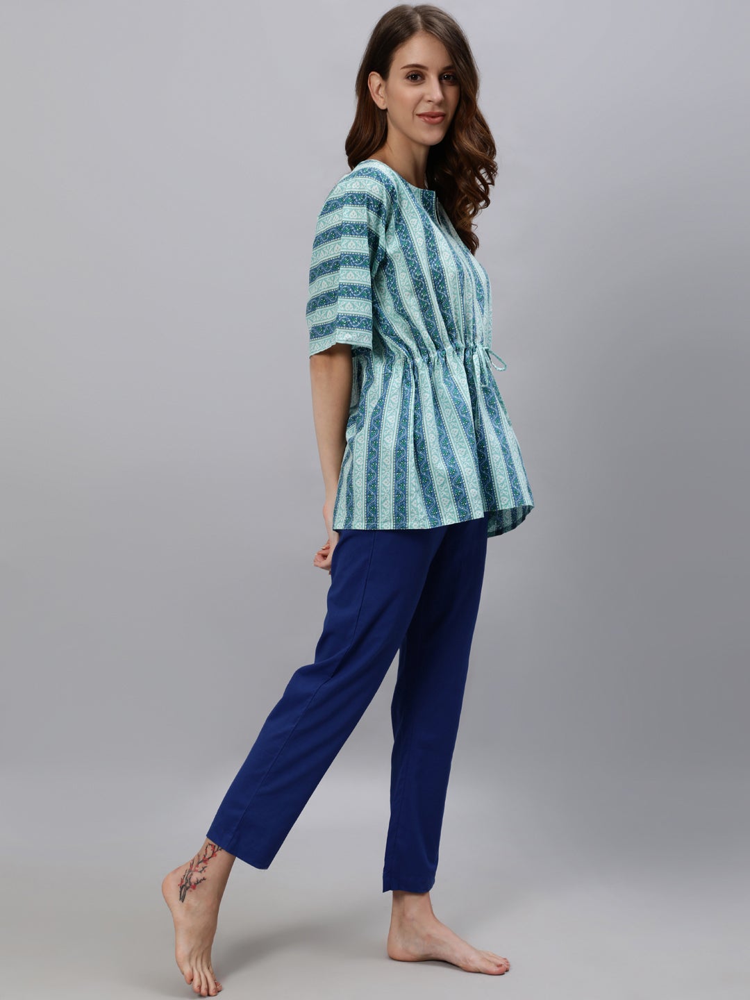 Blue Coloured Sleepwear Consist Of Short Kaftan & Pyajama