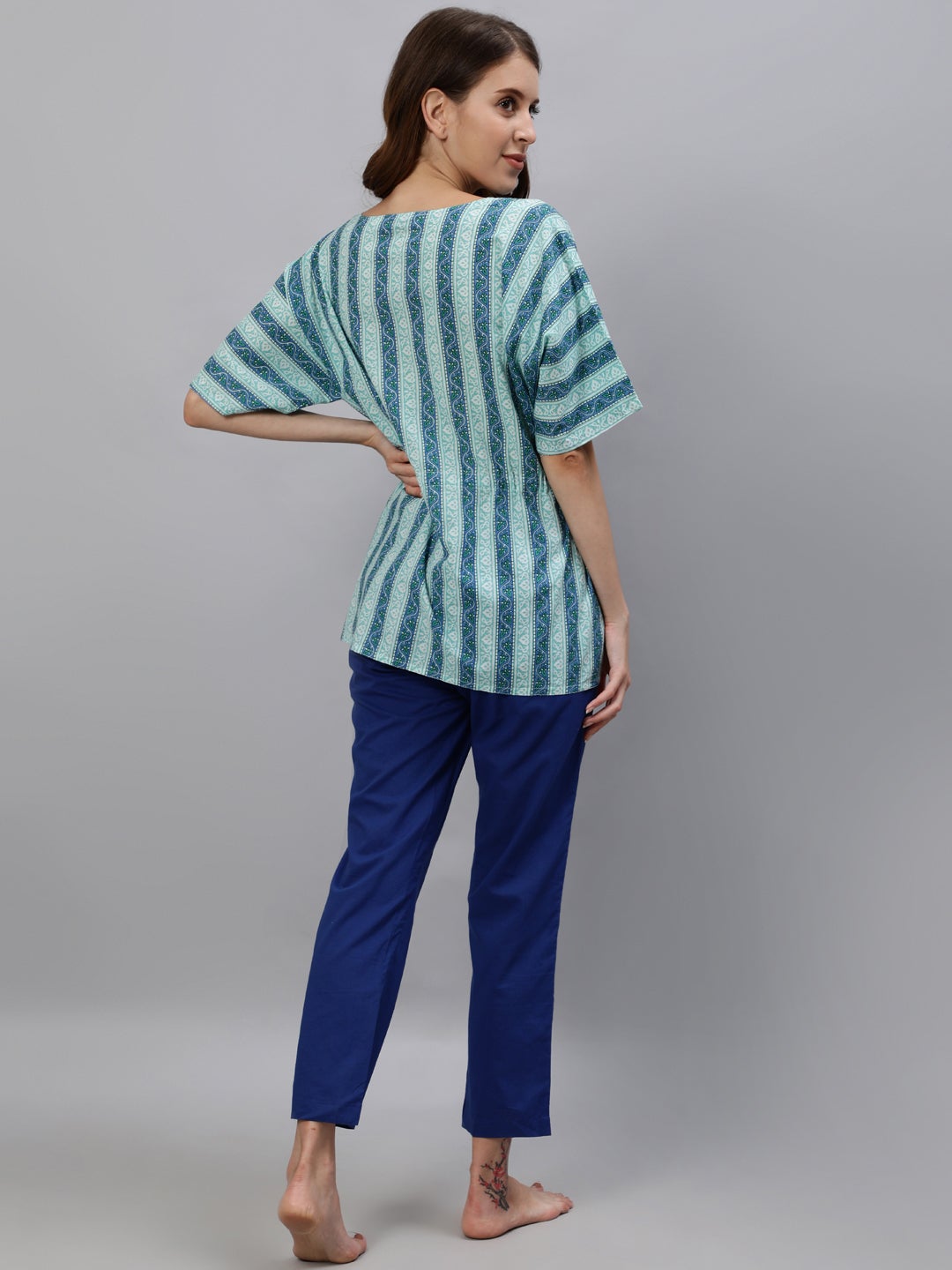 Blue Coloured Sleepwear Consist Of Short Kaftan & Pyajama
