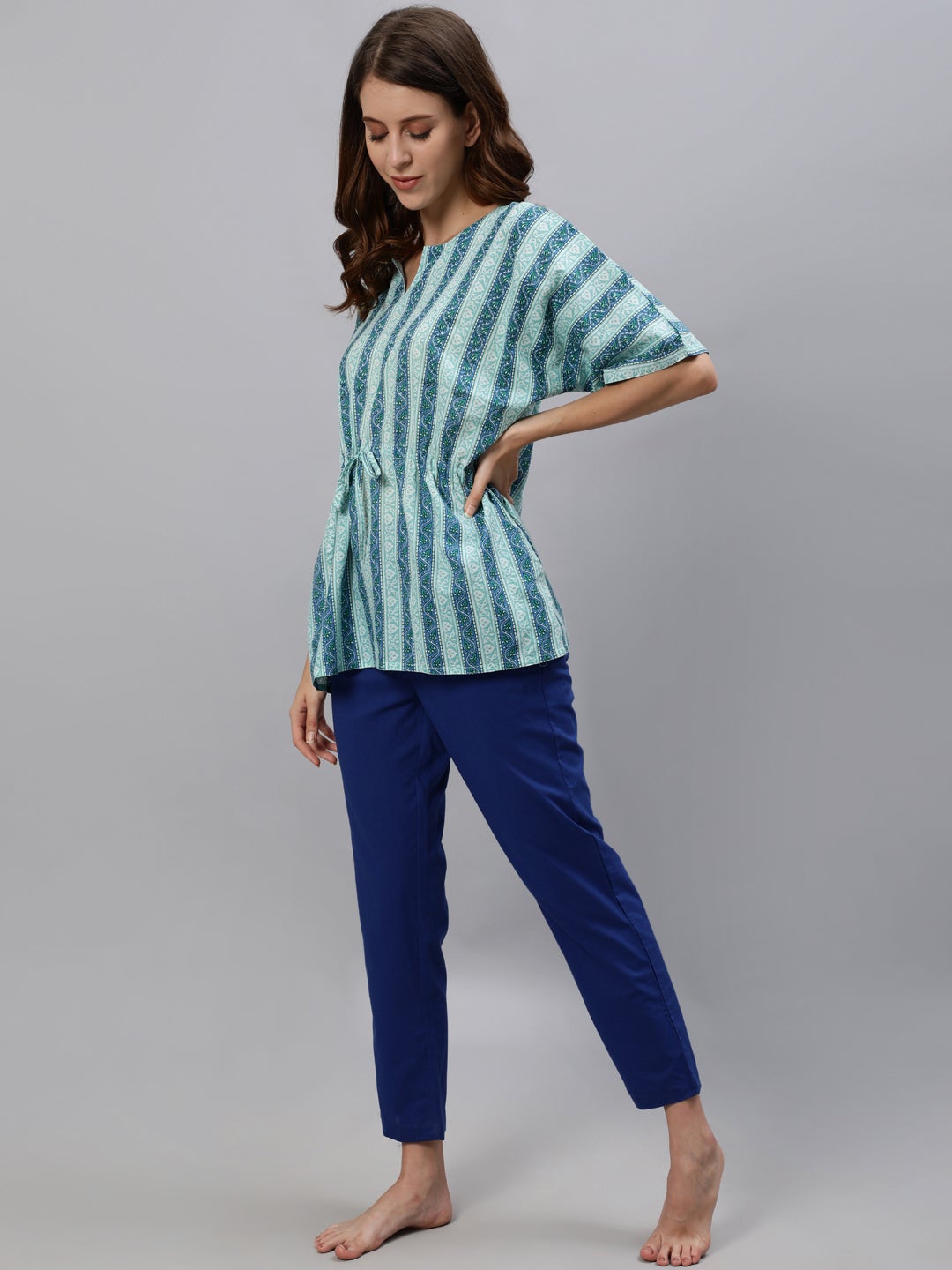 Blue Coloured Sleepwear Consist Of Short Kaftan & Pyajama
