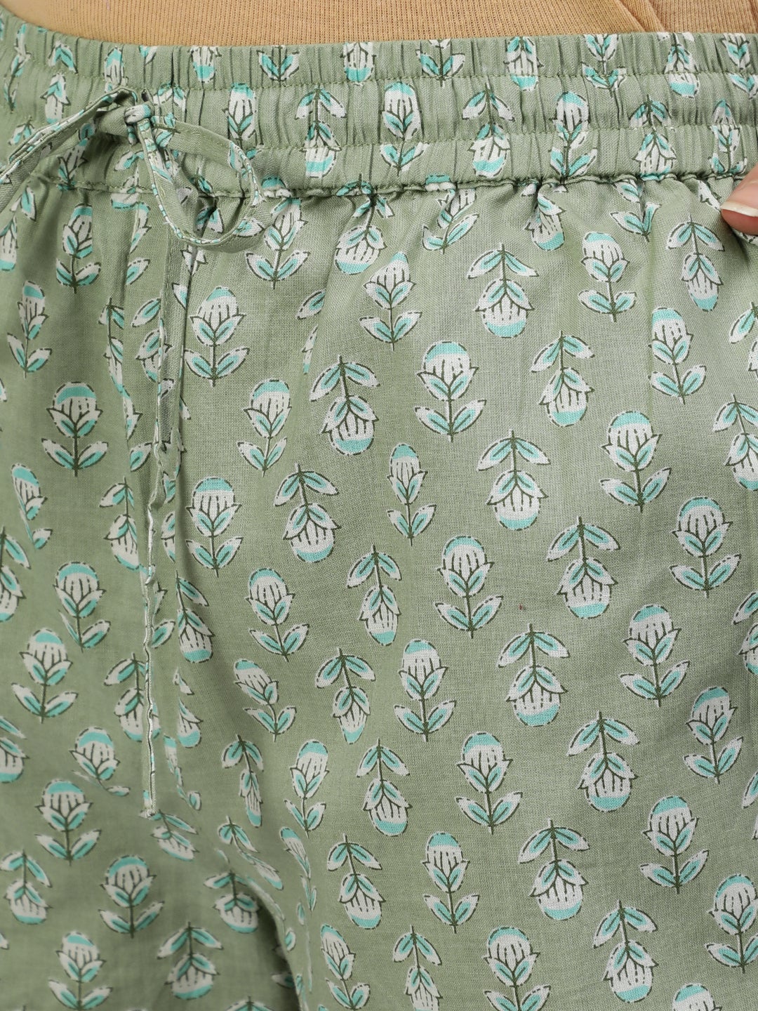 Green Ethnic Print Cotton Loungwear Set with Side Pockets
