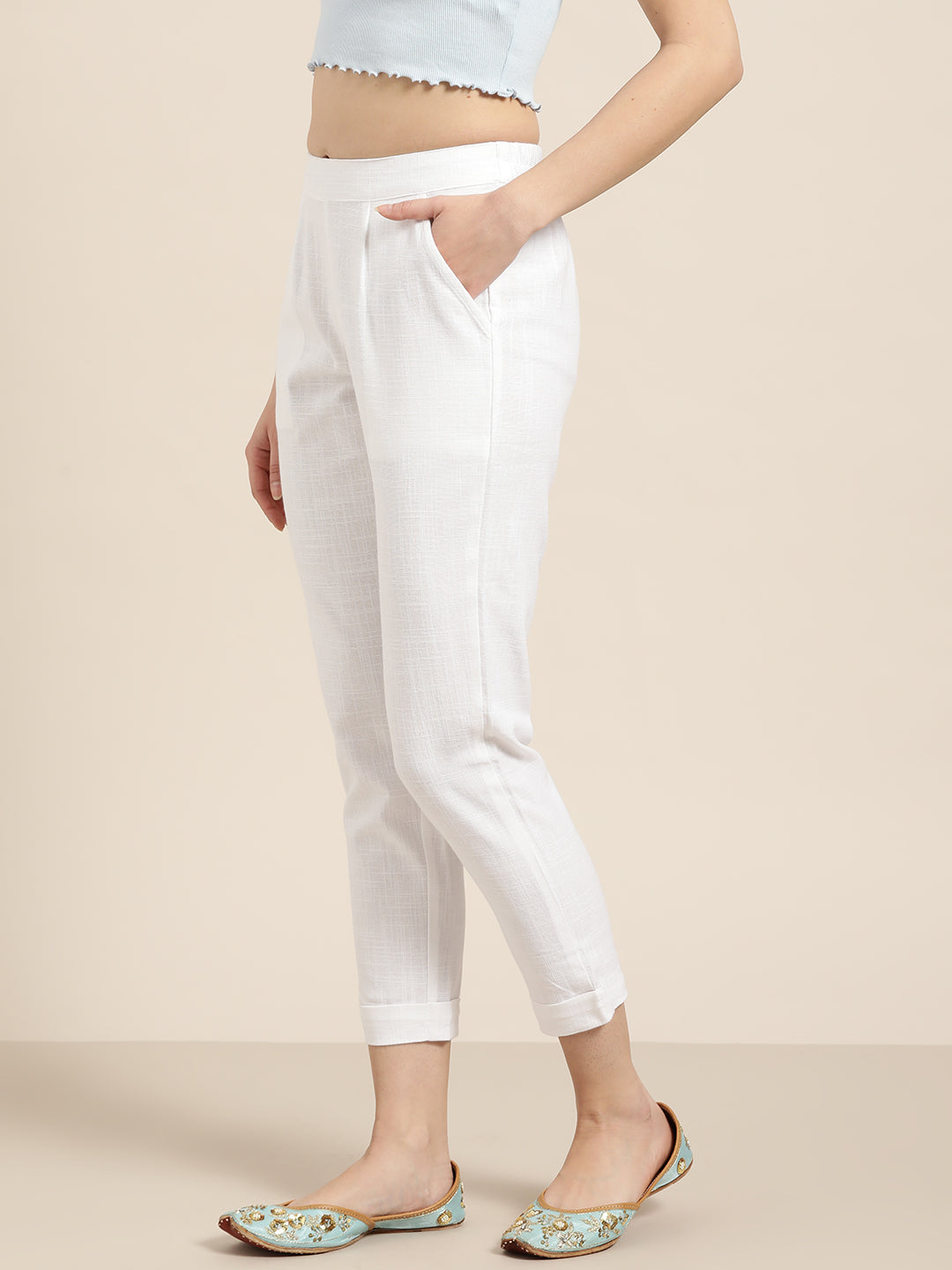 White Cotton Slub Bottom-Fold Straight Pants