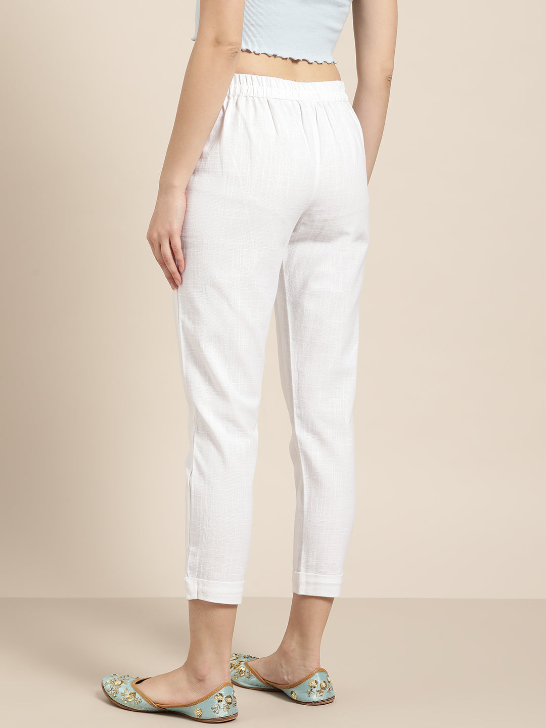 White Cotton Slub Bottom-Fold Straight Pants