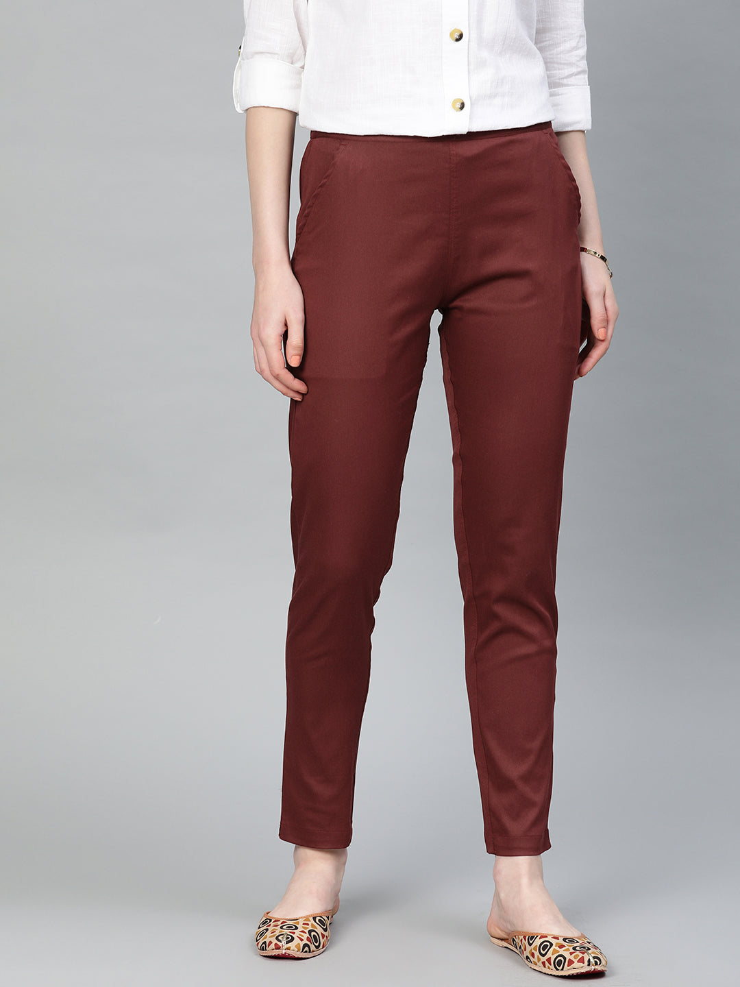 Maroon Solid Cotton Lycra Pants