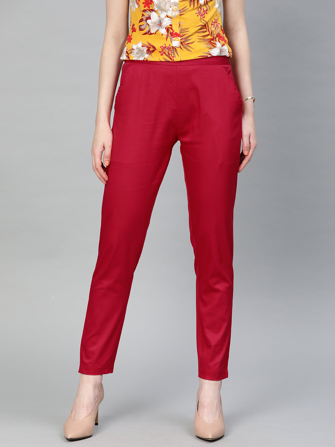 Shop Red Solid Cotton Lycra Pant For Women