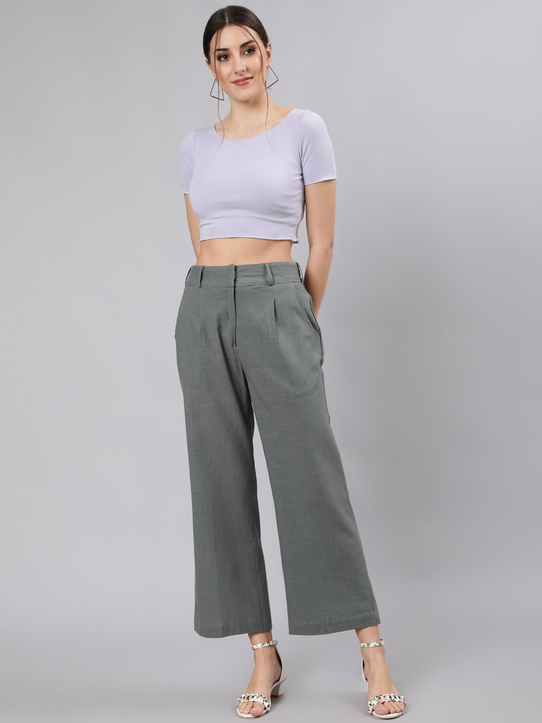 Shop Grey Cotton Slub Flared High Rise Parallel Pants
