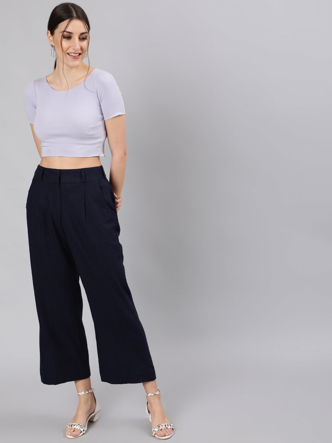 Shop Navy Blue Cotton Slub Flared High Rise Parallel Pants