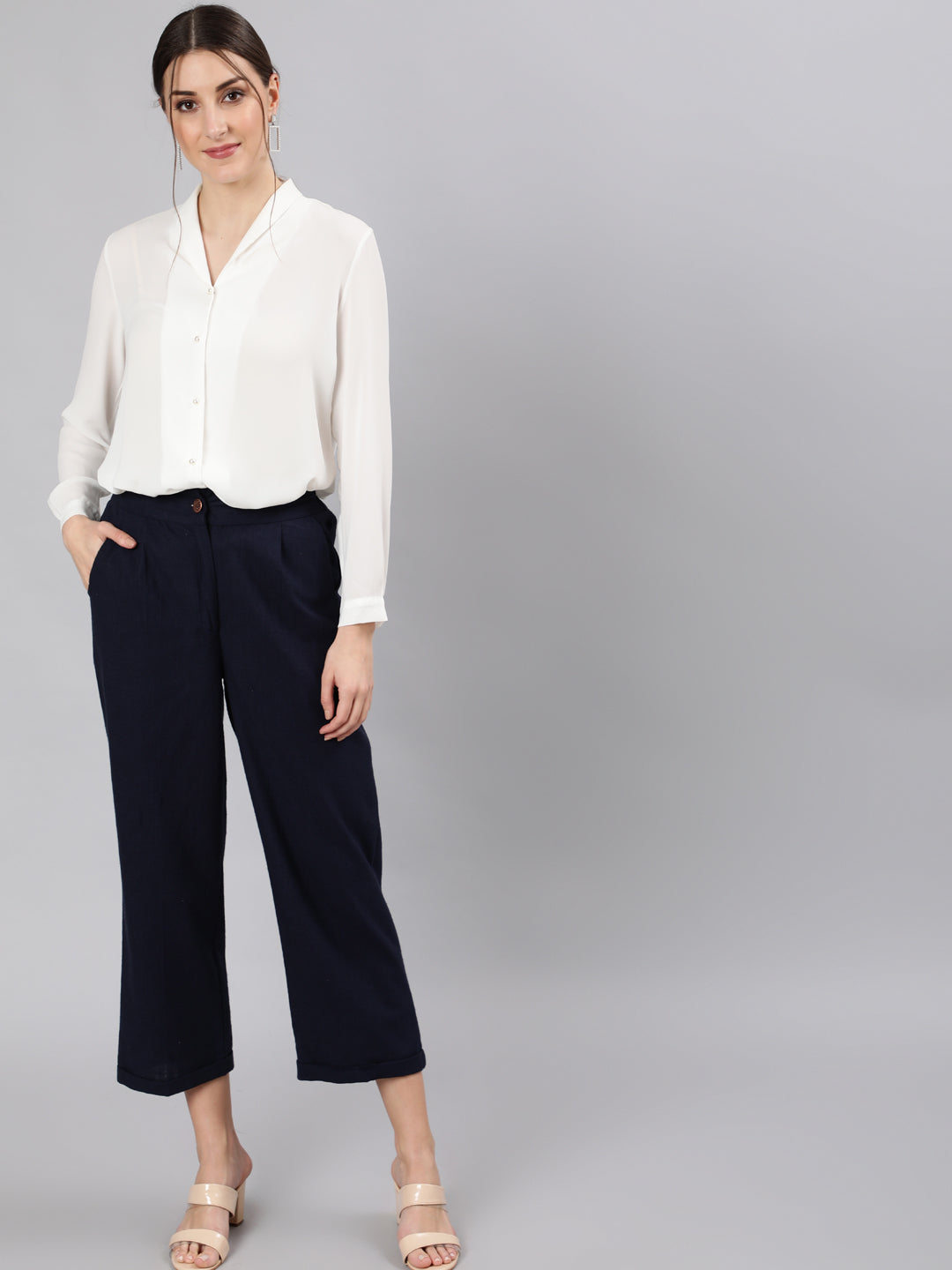 Shop Navy Blue Cotton Slub Straight High Rise Bottom-Fold Pants