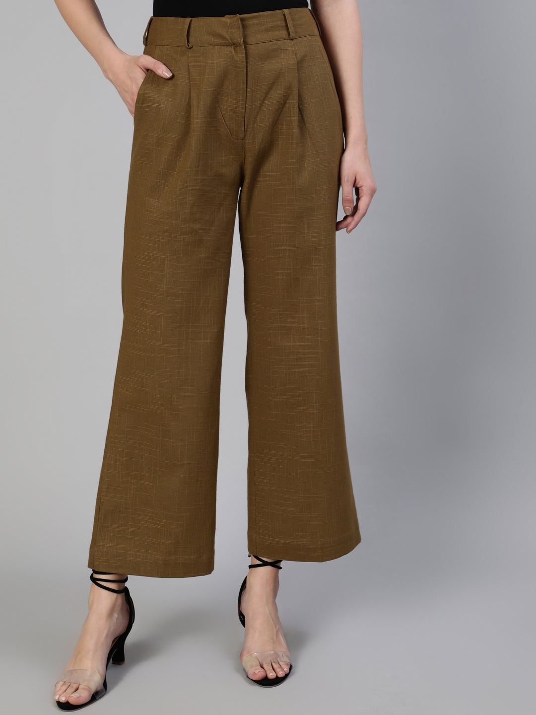 Shop Olive Cotton Slub Flared High Rise Parallel Pants