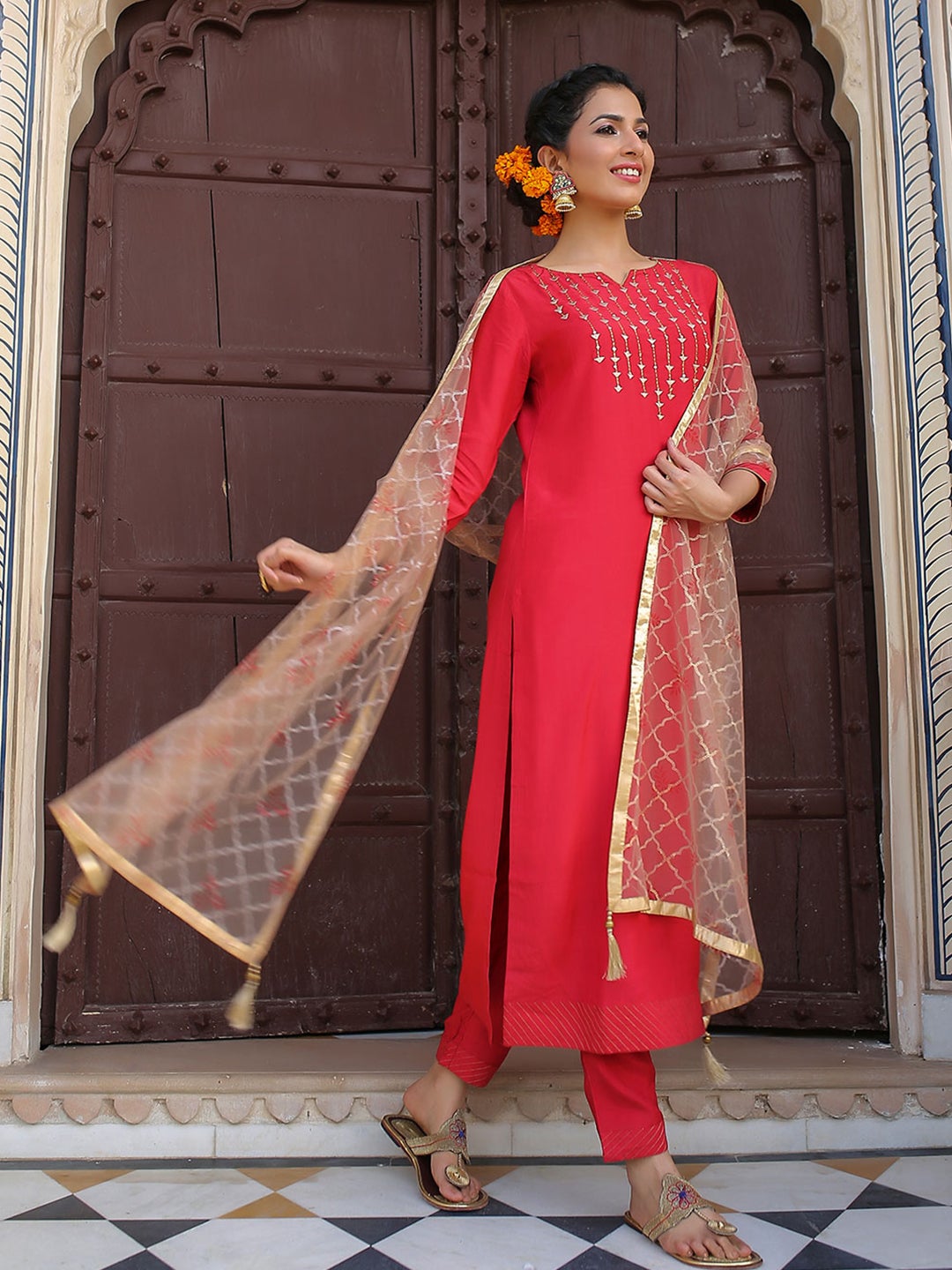 Red & Brown Embroidered Straight Viscose Musline Kurta with Pants & Dupatta