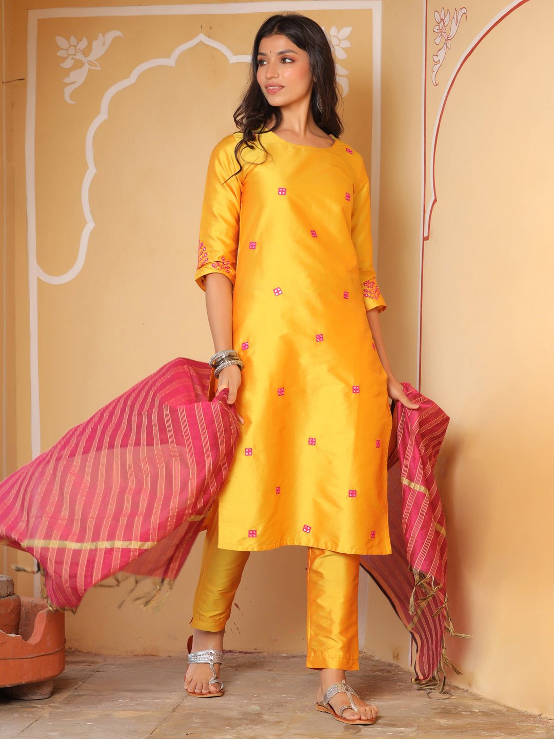 Yellow Kurta With Pants And Chanderi Dupatta