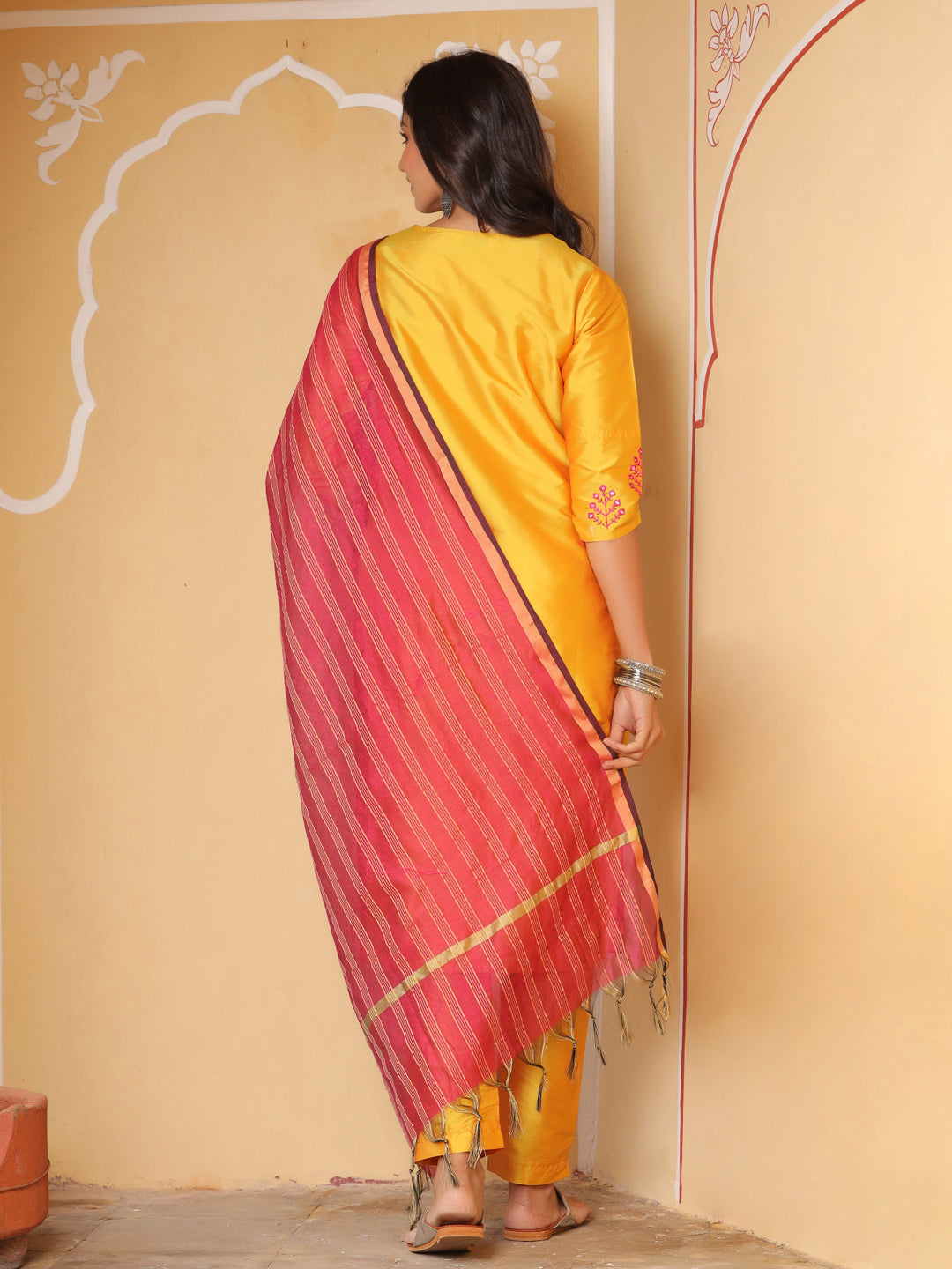 Yellow Kurta With Pants And Chanderi Dupatta