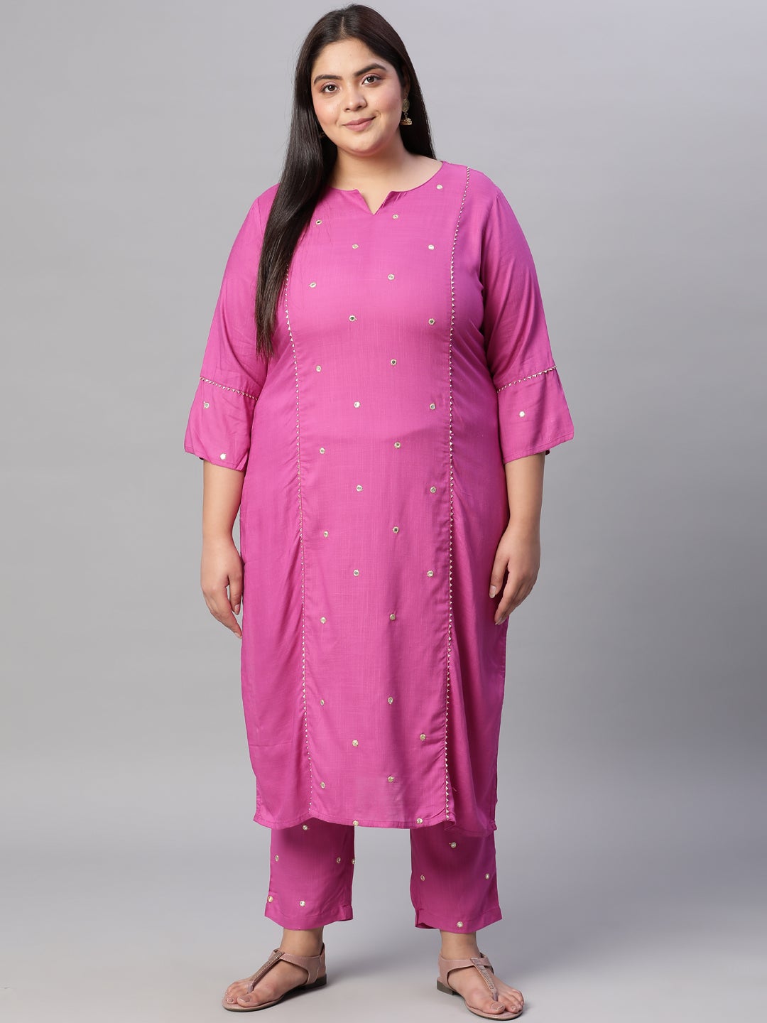Magenta Pink Mirror Work Straight Kurta with Pants