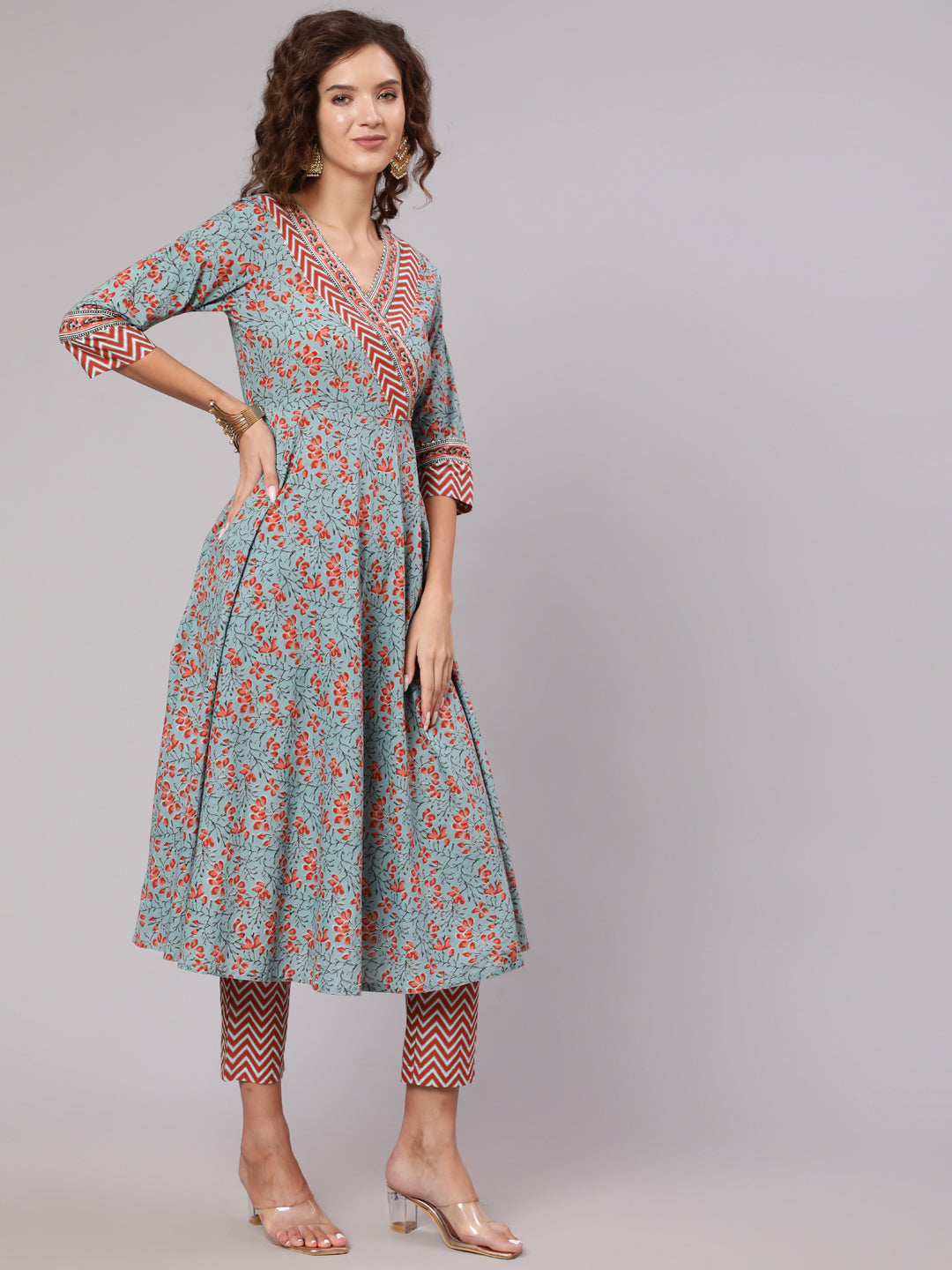 Grey Cotton Printed Embellished Anarkali Kurta With Pants And Dupatta