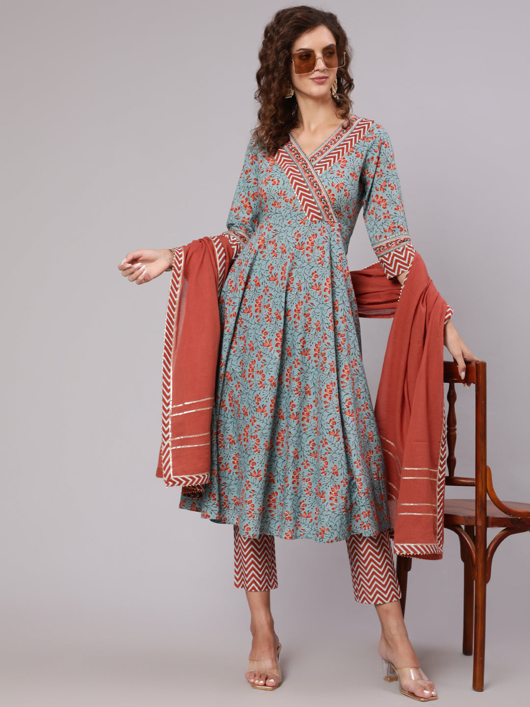 Grey Cotton Printed Embellished Anarkali Kurta With Pants And Dupatta