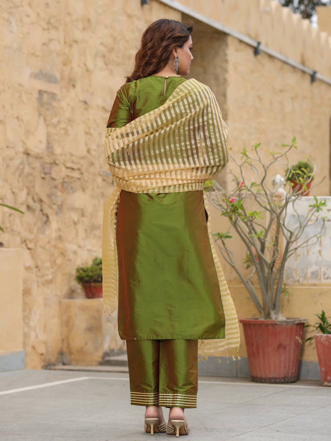 Women Olive Dupion Silk Embroired Kurta With Pants And Dupatta