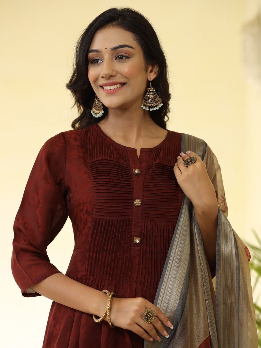 Brown Silk Pleated Straight Kurta With Pants And Dupatta
