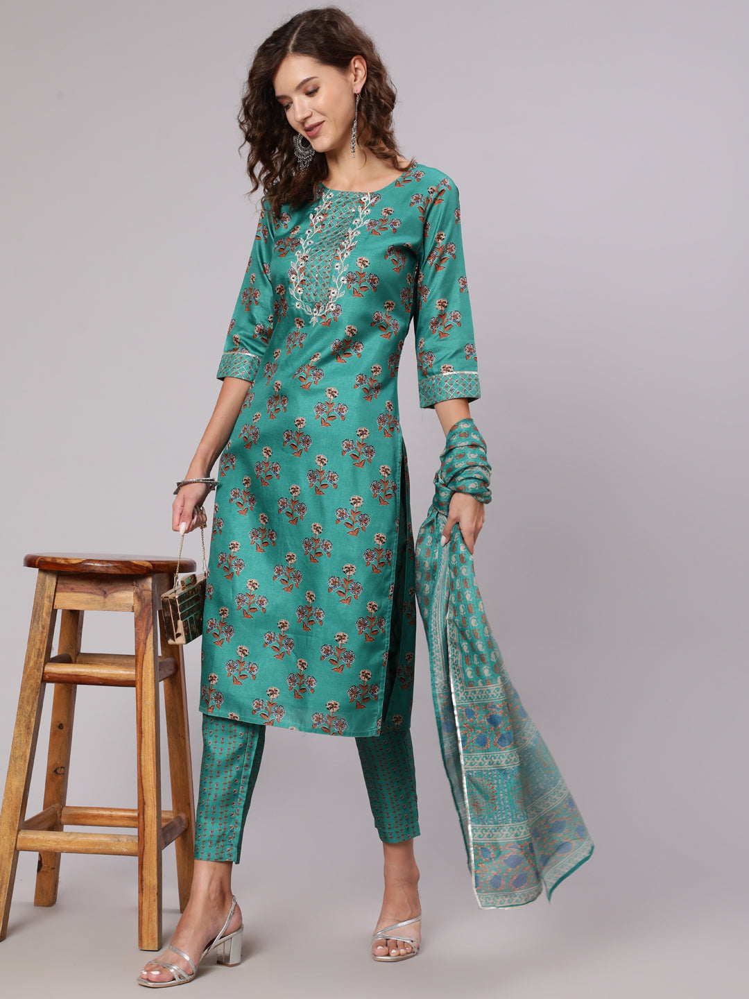 Tussar Silk Digital Printed Zari Embriodered Kurta With Palazzo And Dupatta