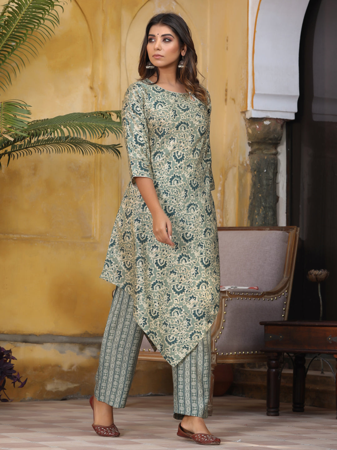 Printed Chanderi A-Line Kurta with Pants