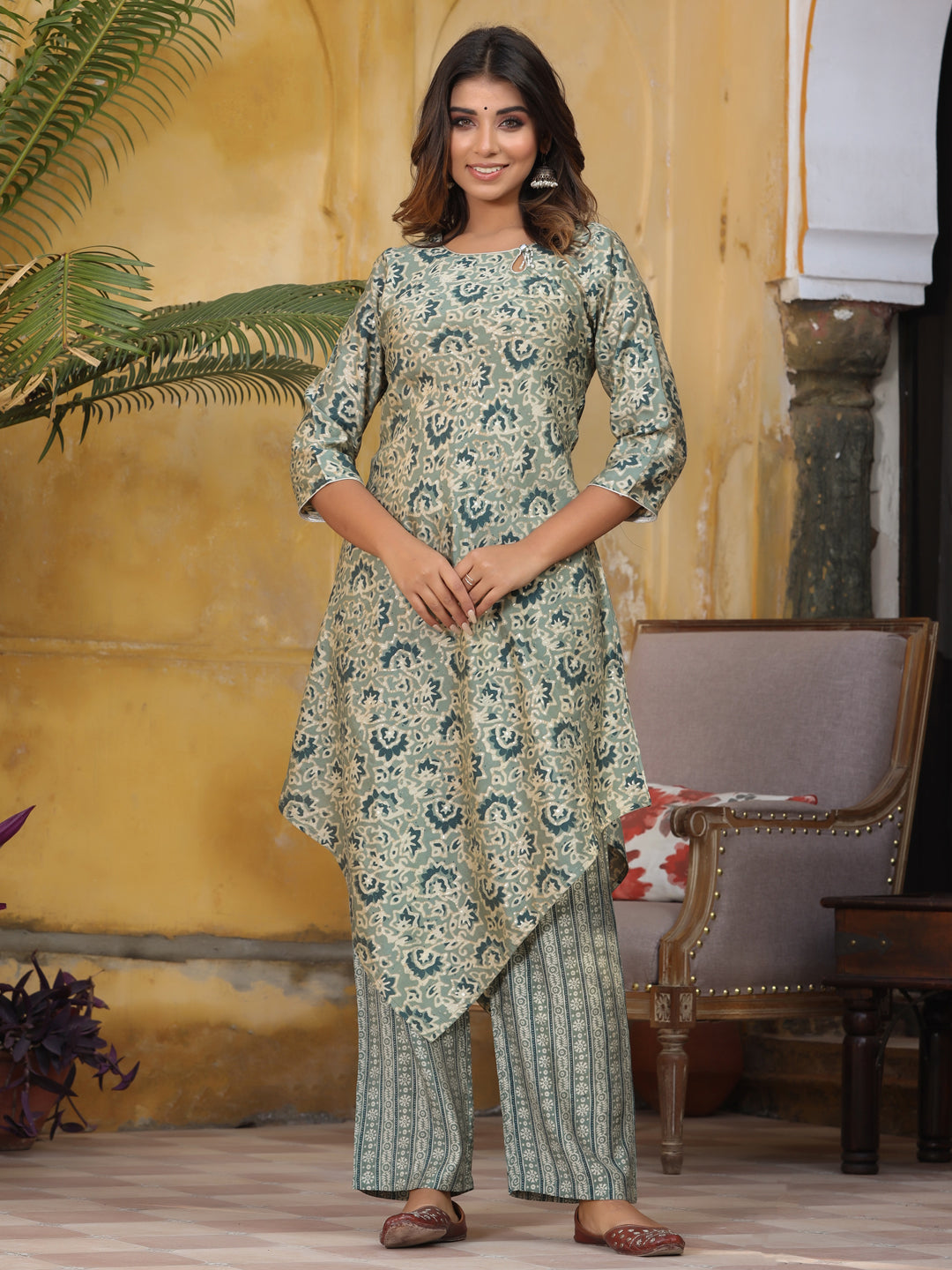 Printed Chanderi A-Line Kurta with Pants