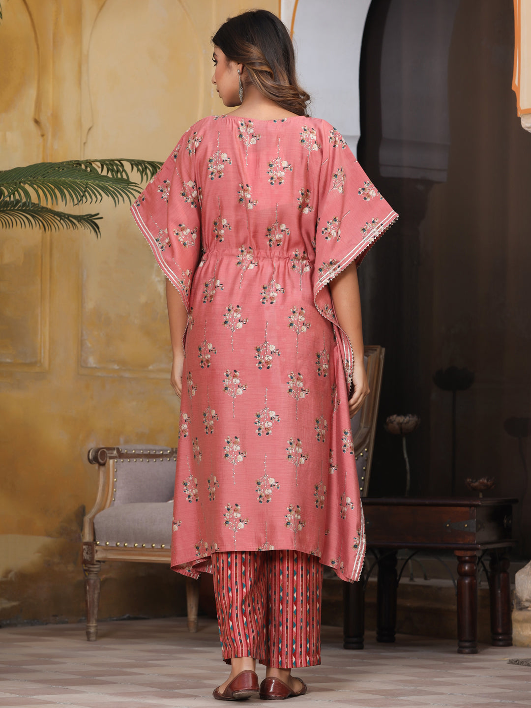Pink chanderi printed kaftan with pants
