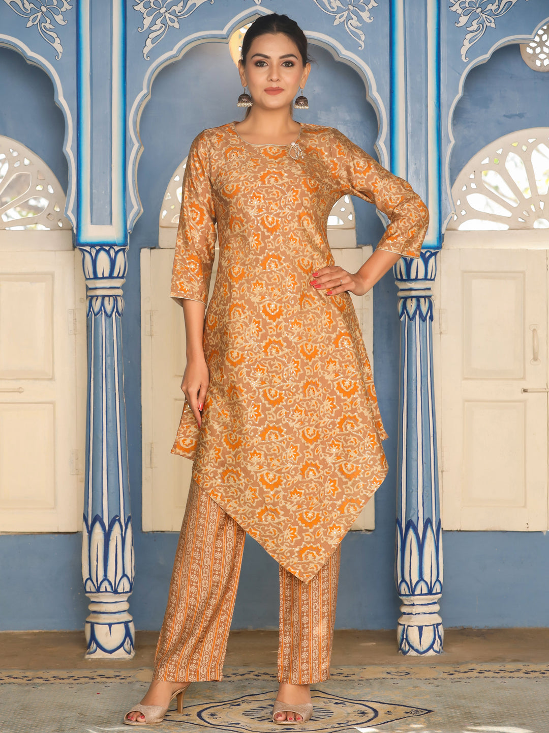 Printed Chanderi A-Line Kurta with Pants