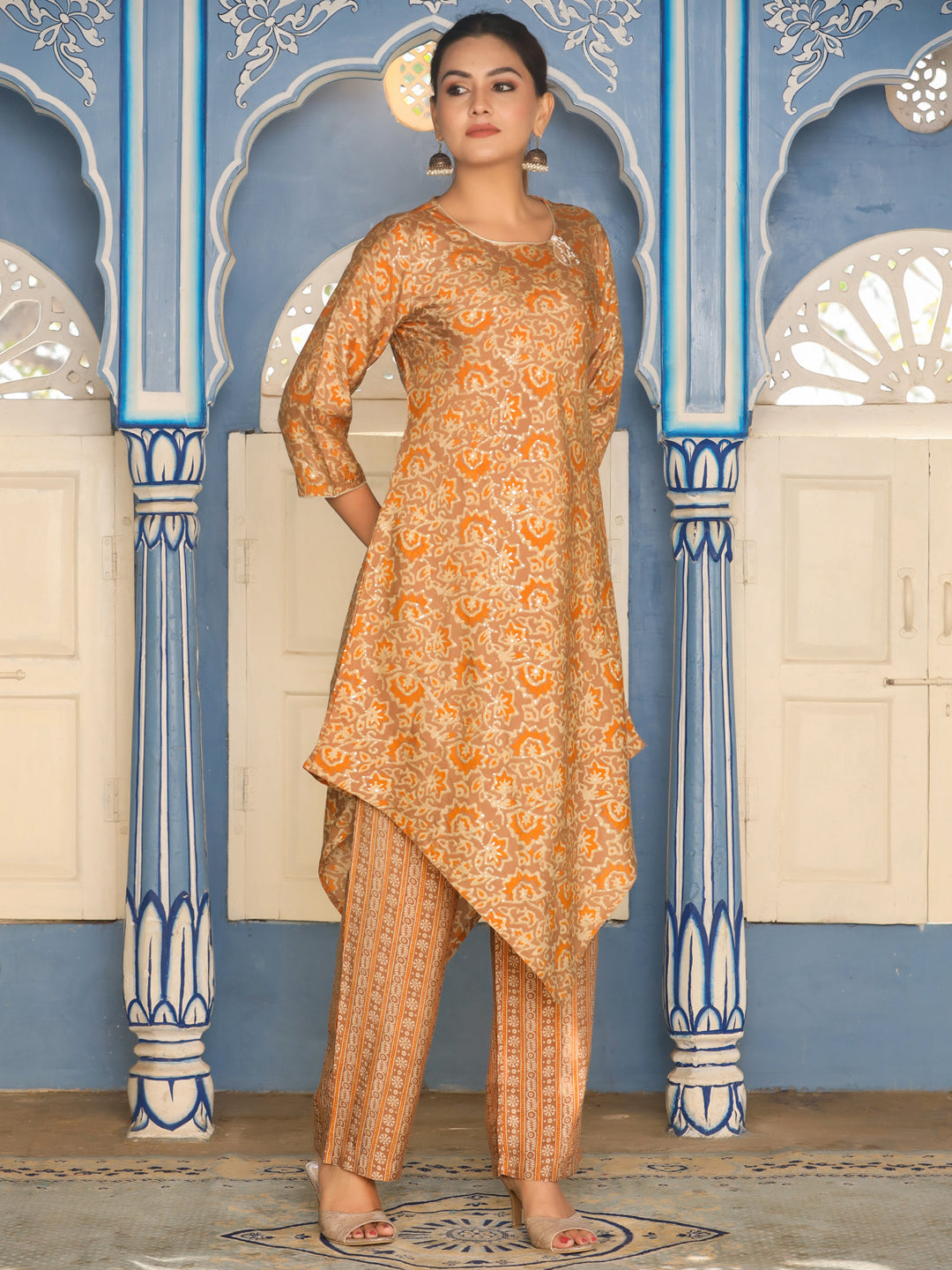 Printed Chanderi A-Line Kurta with Pants