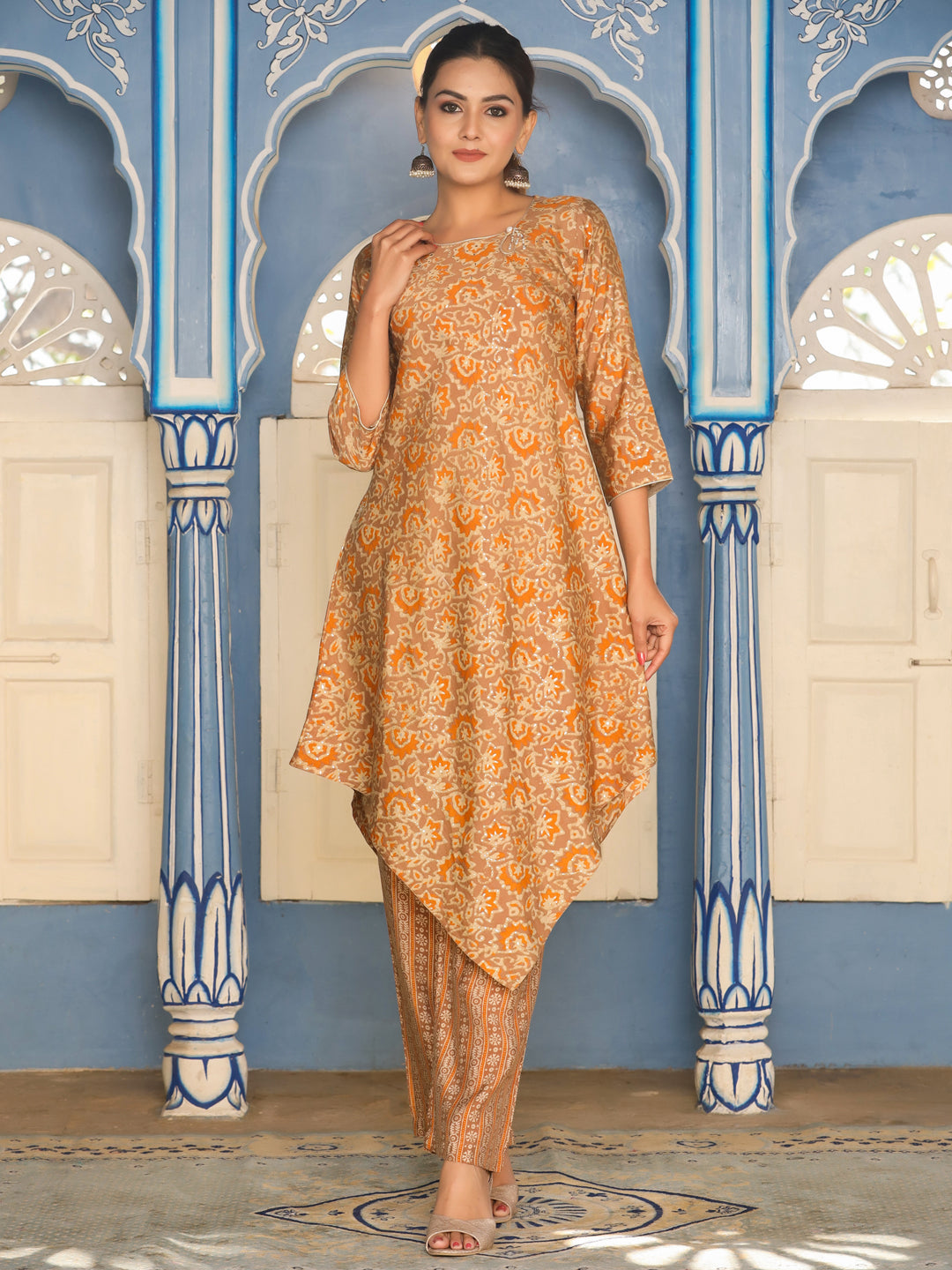 Printed Chanderi A-Line Kurta with Pants
