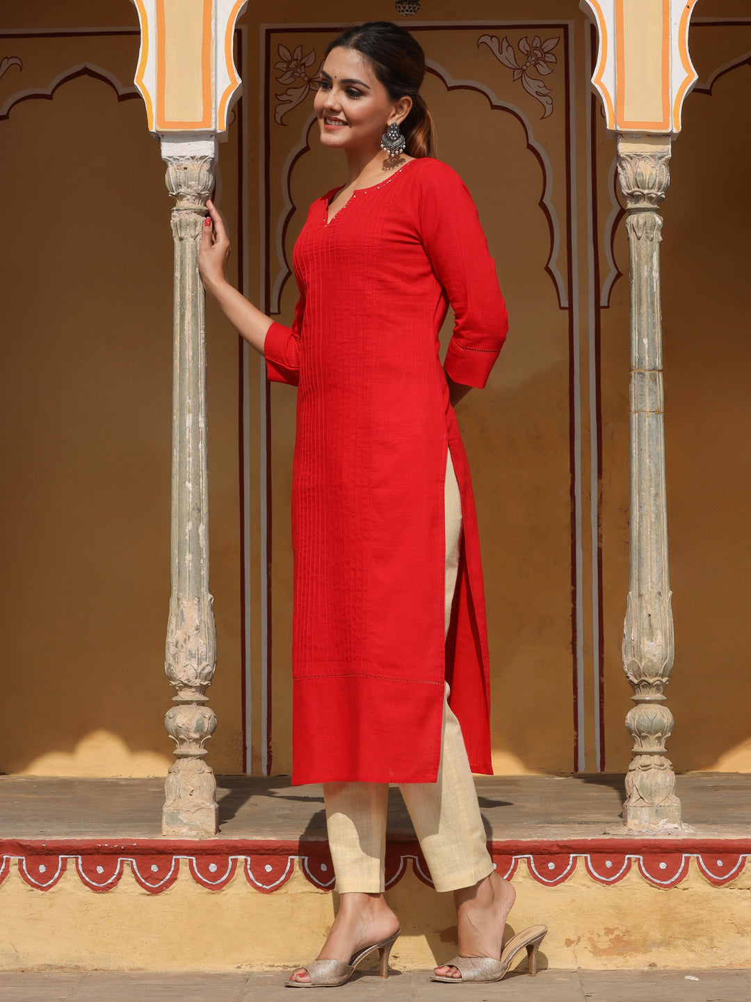 Red Cotton Pin Tucks Straight Kurta With Pants