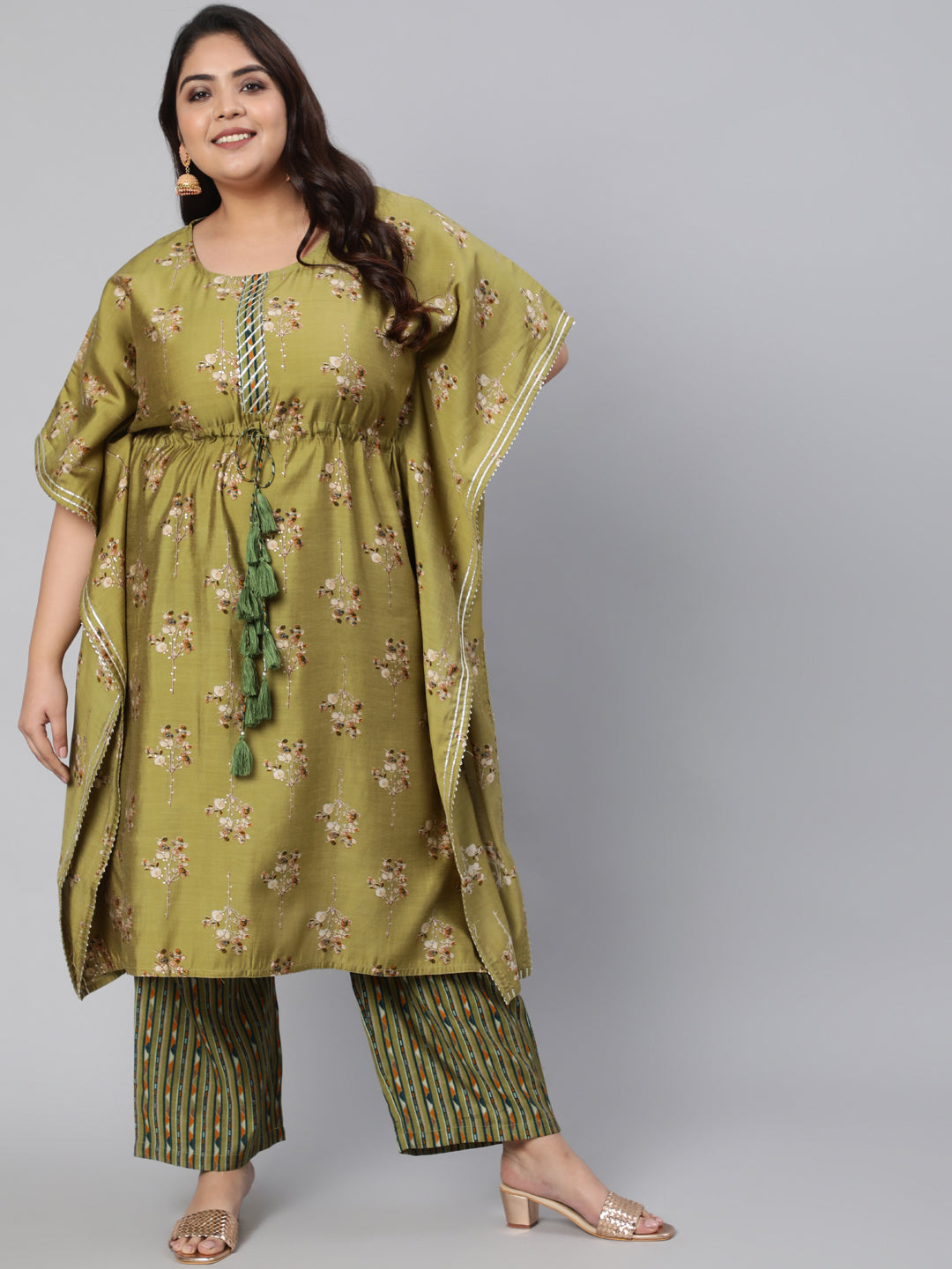 Green Chanderi Printed Kaftan With Pant
