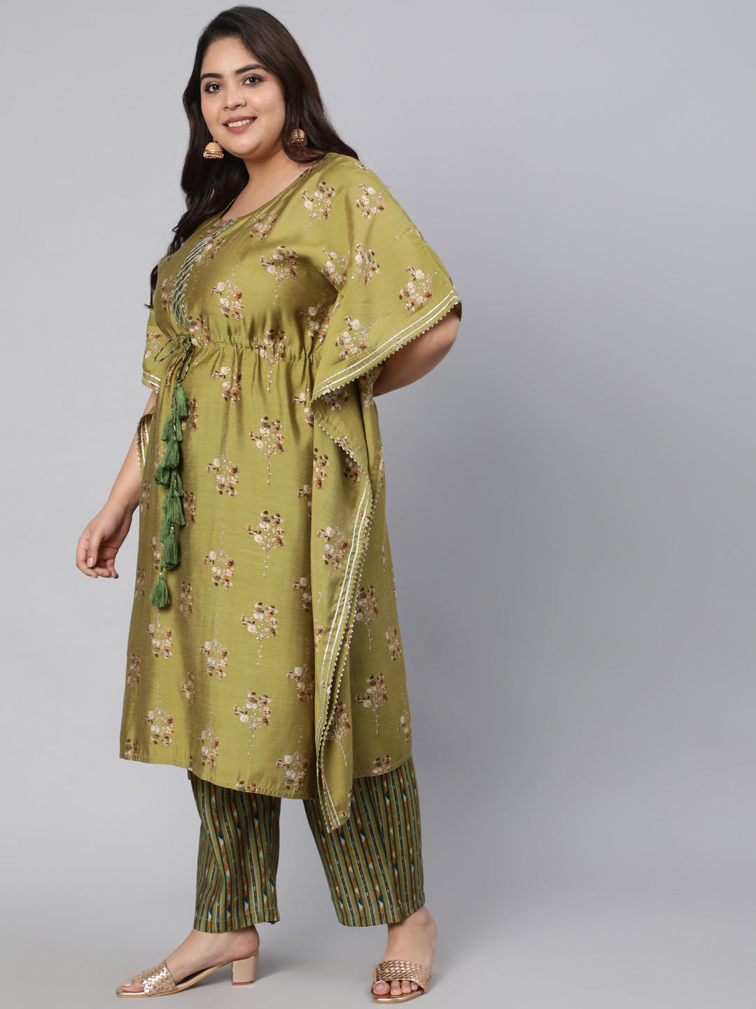 Green Chanderi Printed Kaftan With Pant