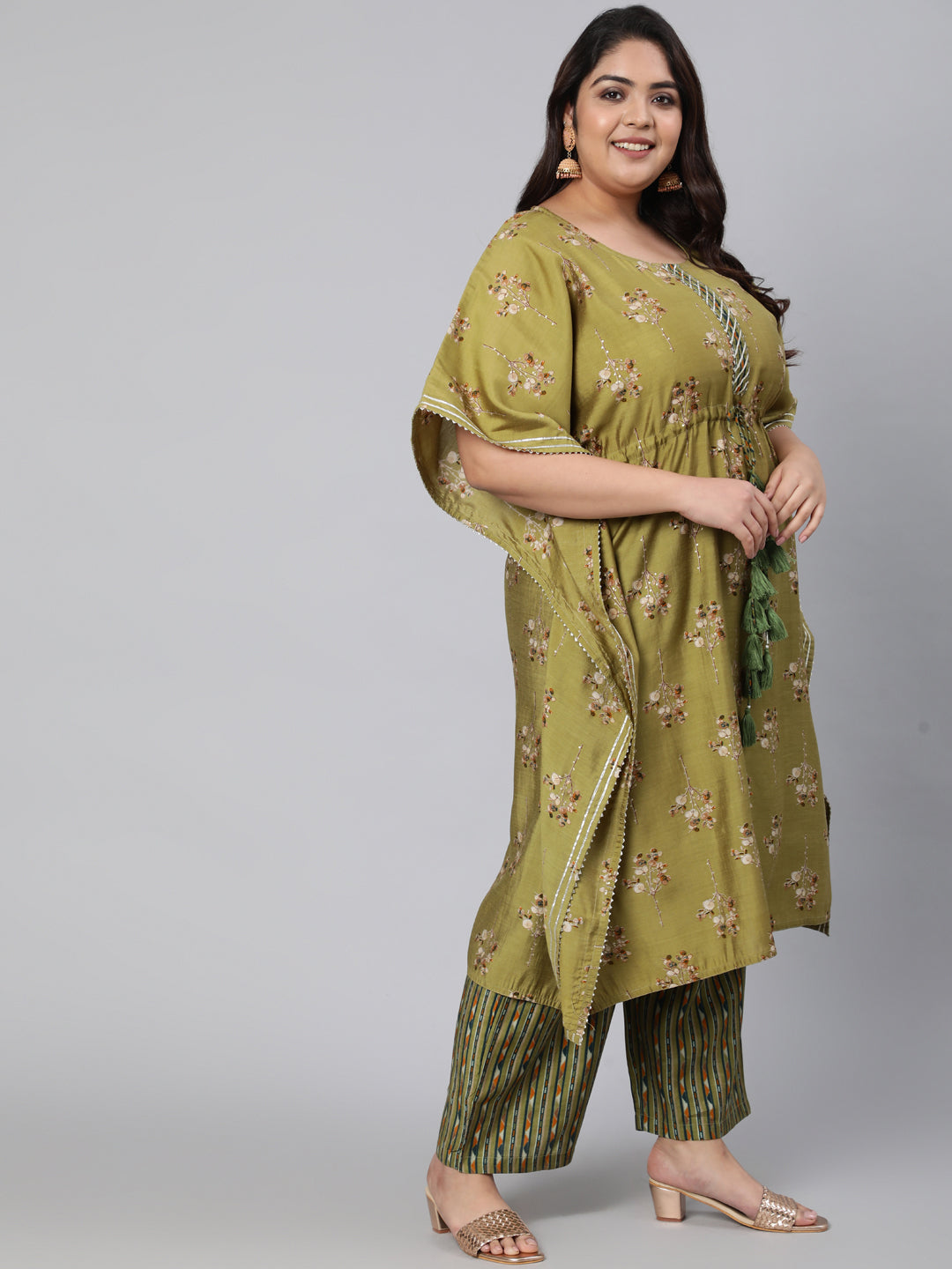 Green Chanderi Printed Kaftan With Pant